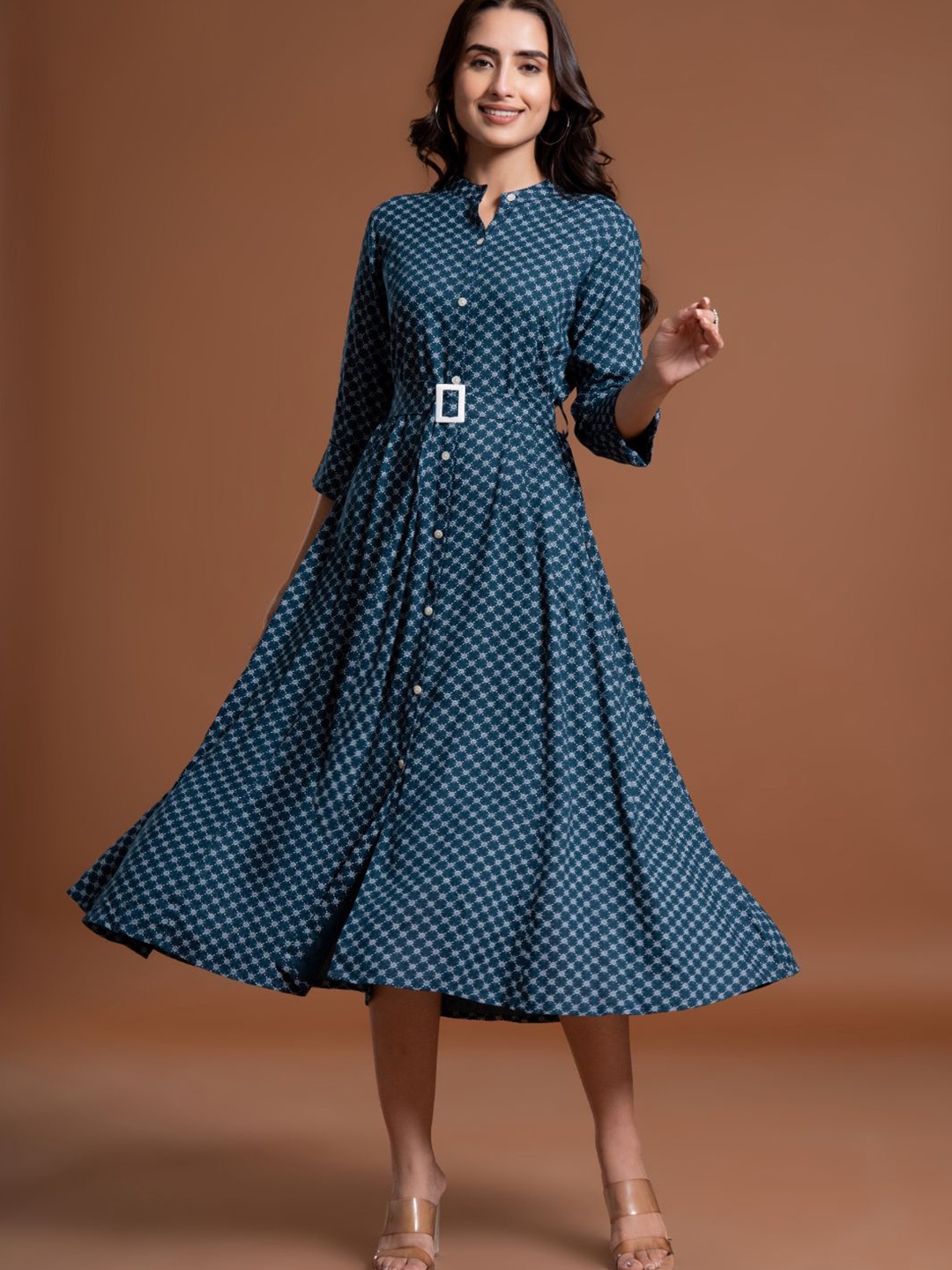 

ANUSHEET Print Fit & Flare Midi Dress, Green