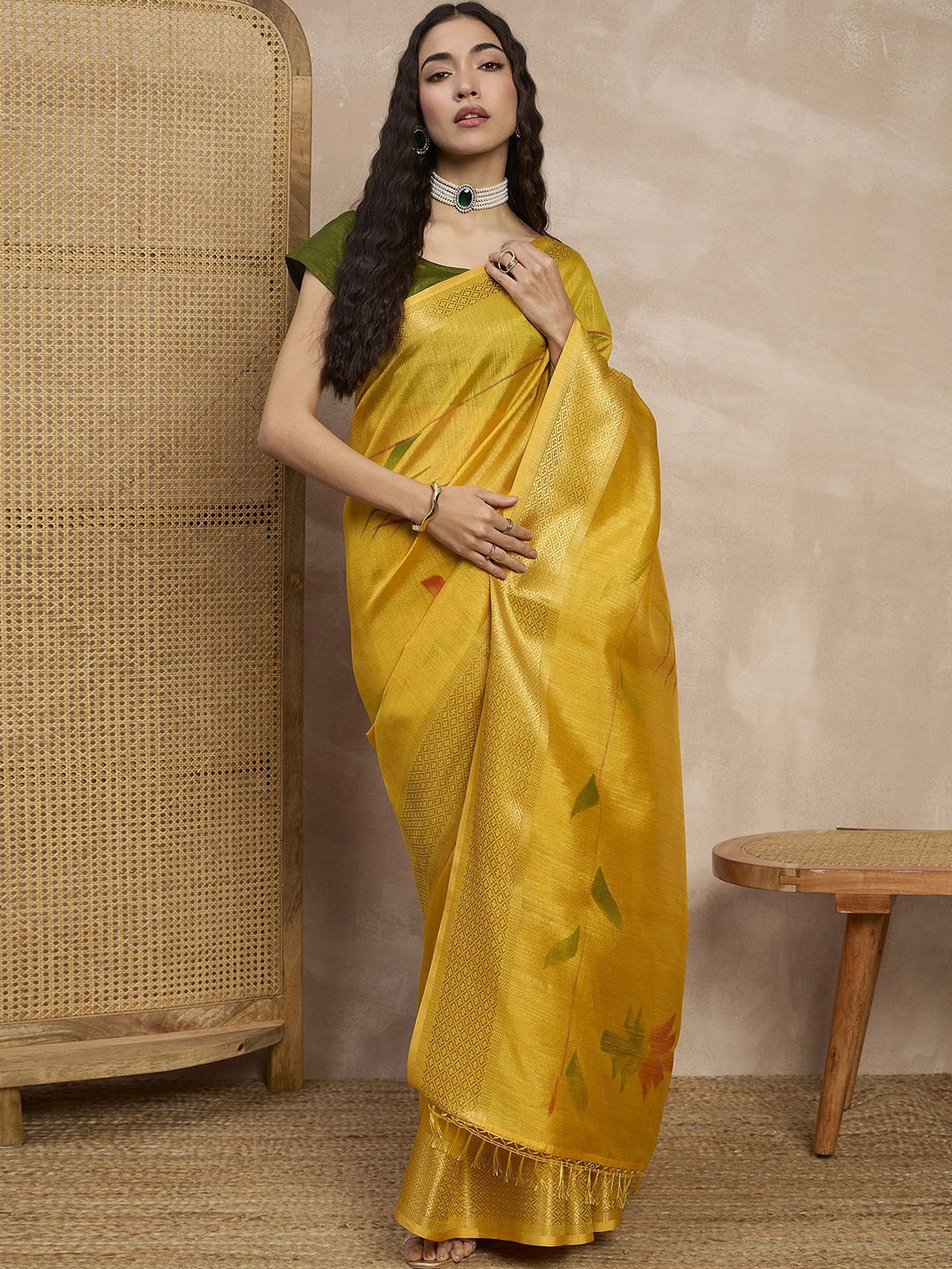 

all about you Floral Zari Block Print Saree With Unstitched Blouse Piece, Mustard