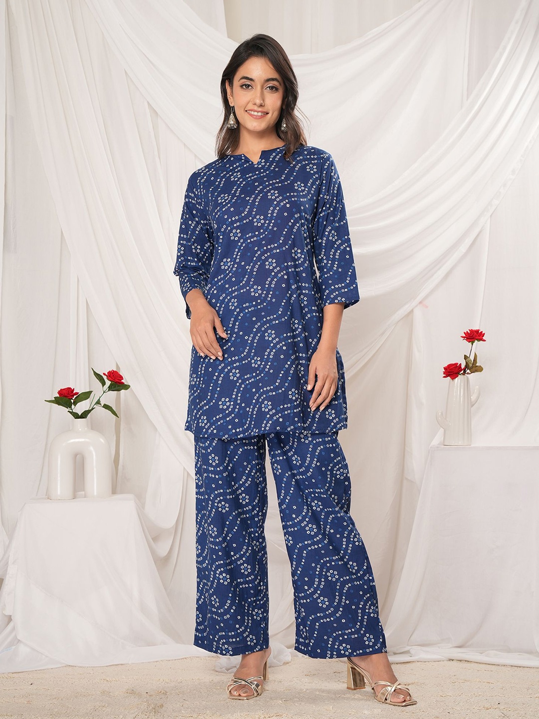 

Aaheli Bandhani Printed Cotton Tunic With Palazzos, Blue