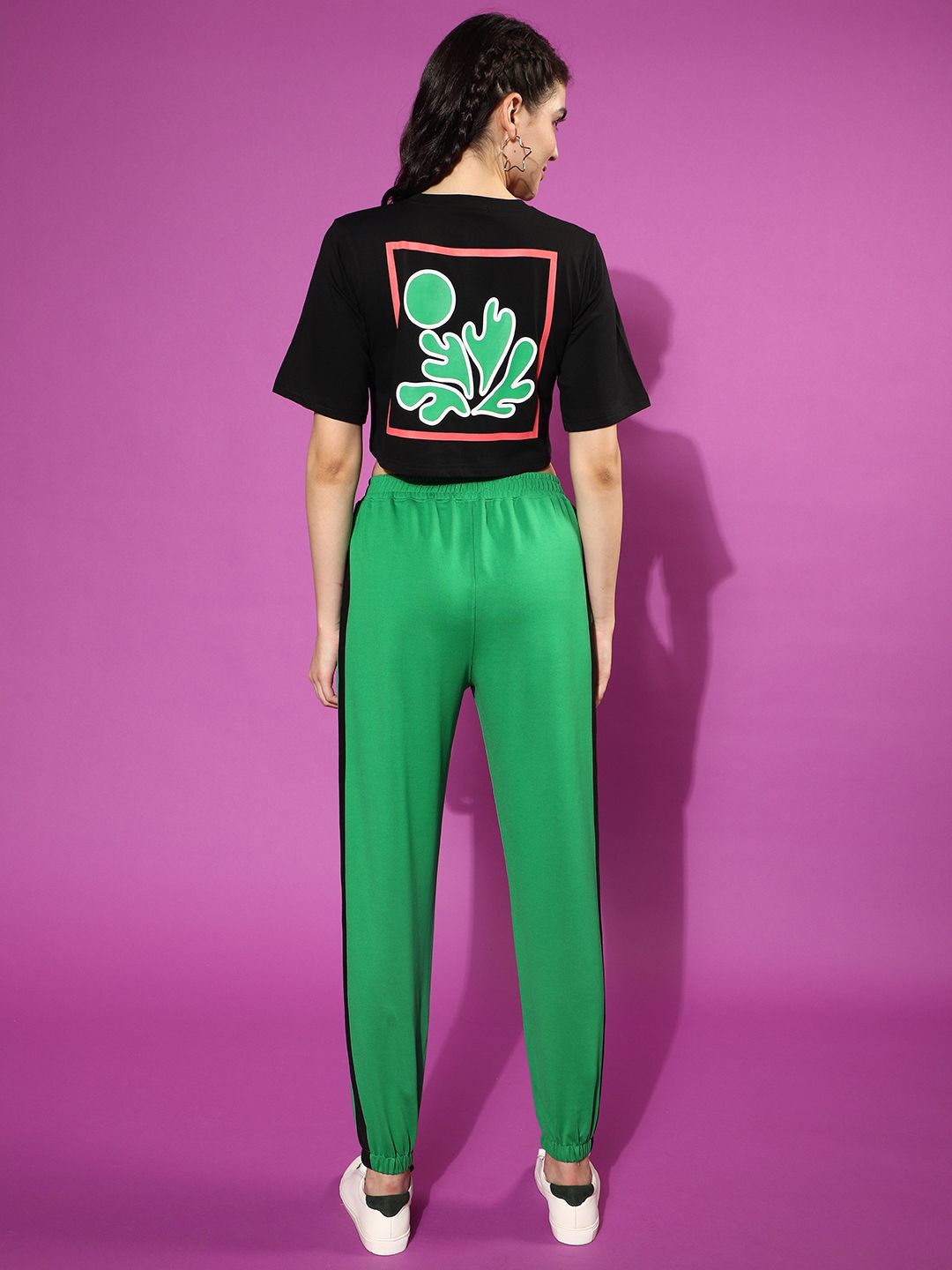 

JUNEBERRY Black & Green Back Printed Crop Top With Trousers