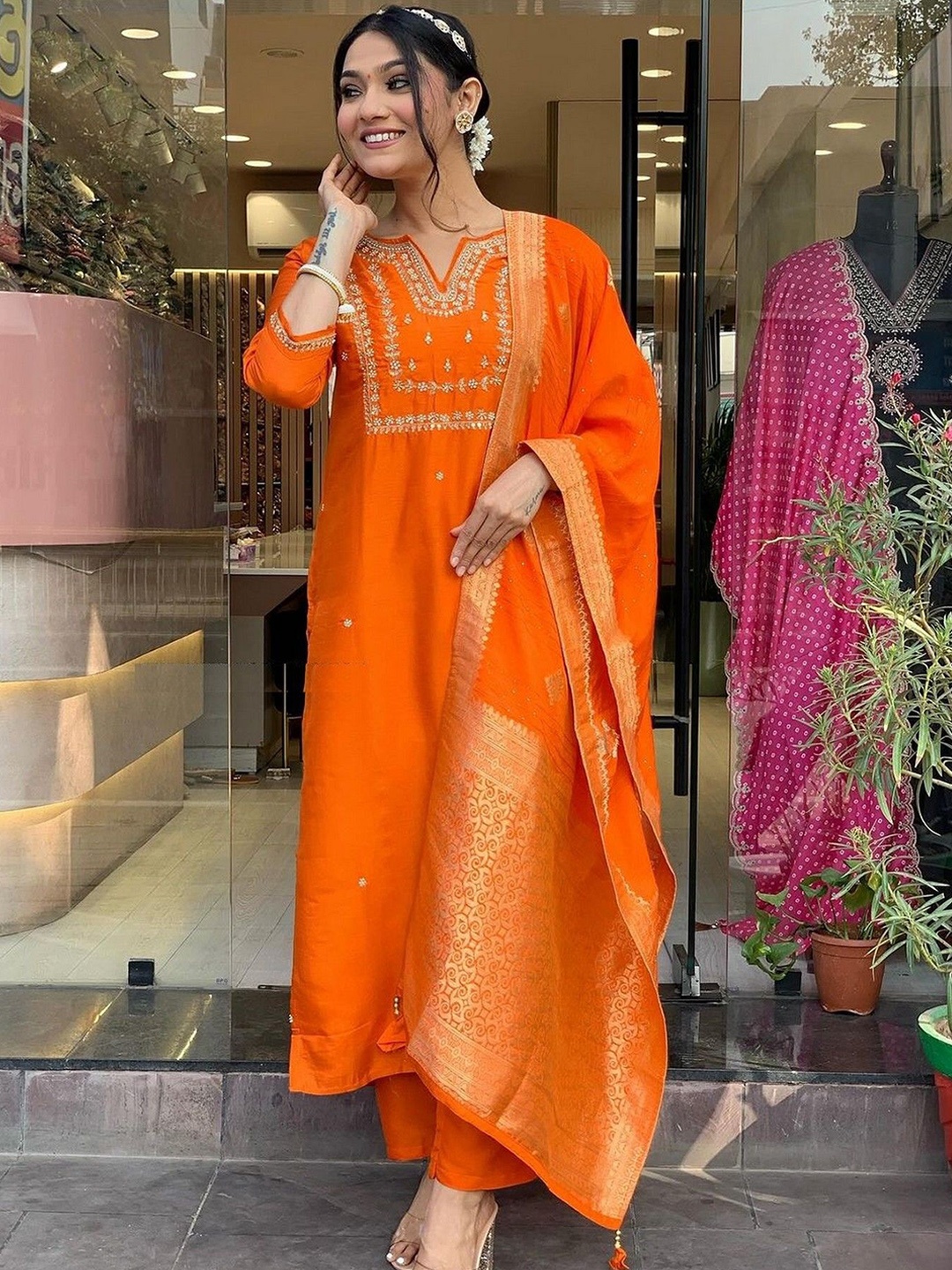 

mimi design Floral Embroidered Beads and Stones Straight Kurta with Trousers & Dupatta, Orange
