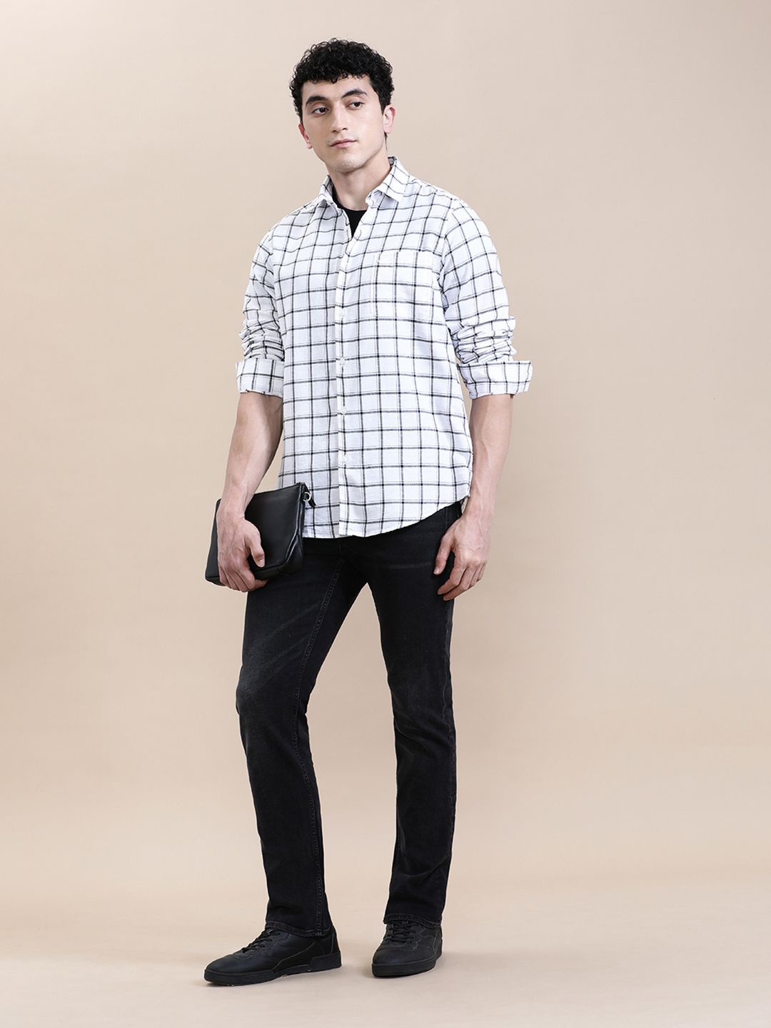 

Crocodile Men Linen Blend Checked Full Sleeve Shirt, White