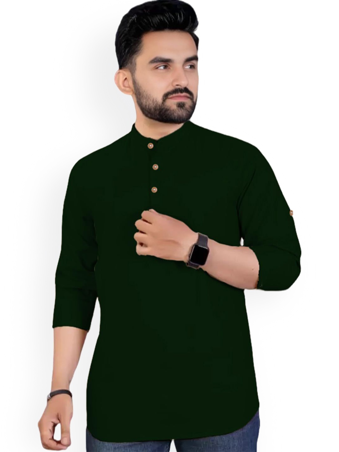 

Vida Loca Band Collar Cotton Straight Short Kurta, Green