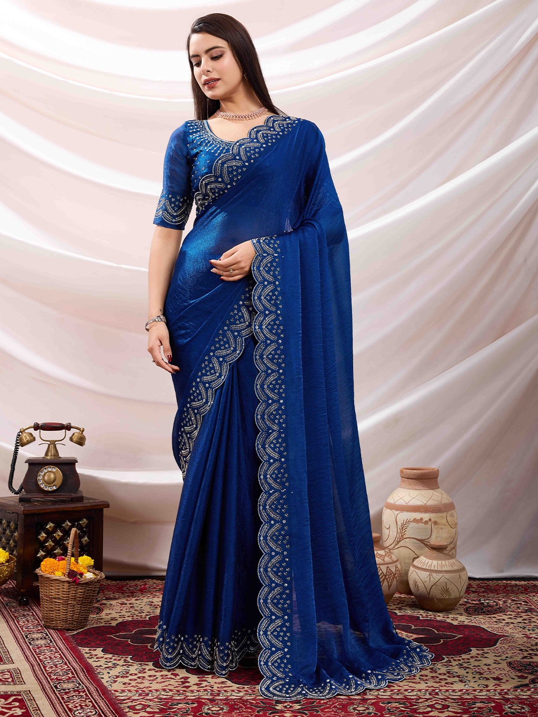 

Mitera Beads and Stones Silk Blend Saree, Blue