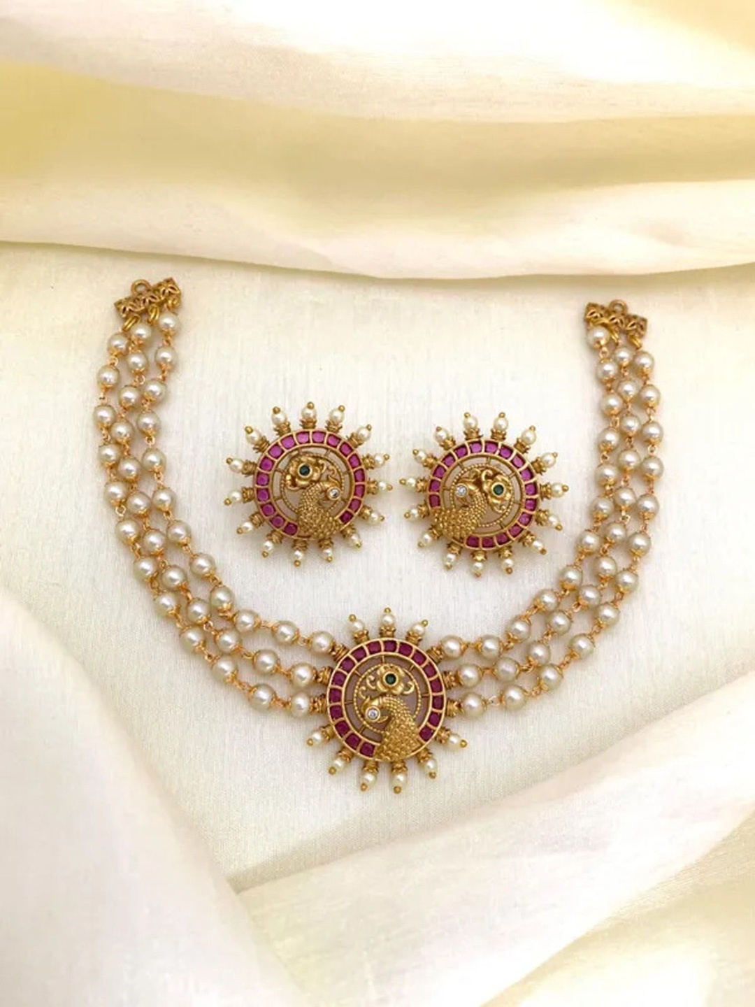 

ROFARWORD Gold Plated Cubic Zirconia Studded Necklace And Earrings