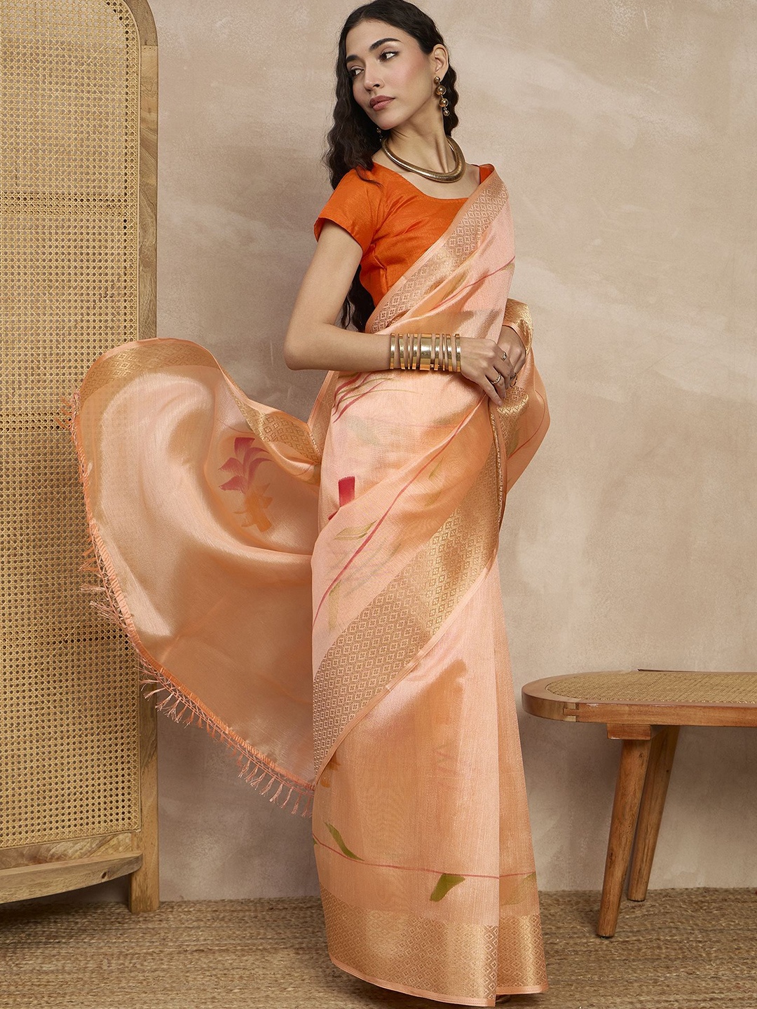 

all about you Floral Zari Silk Cotton Block Print Saree, Peach