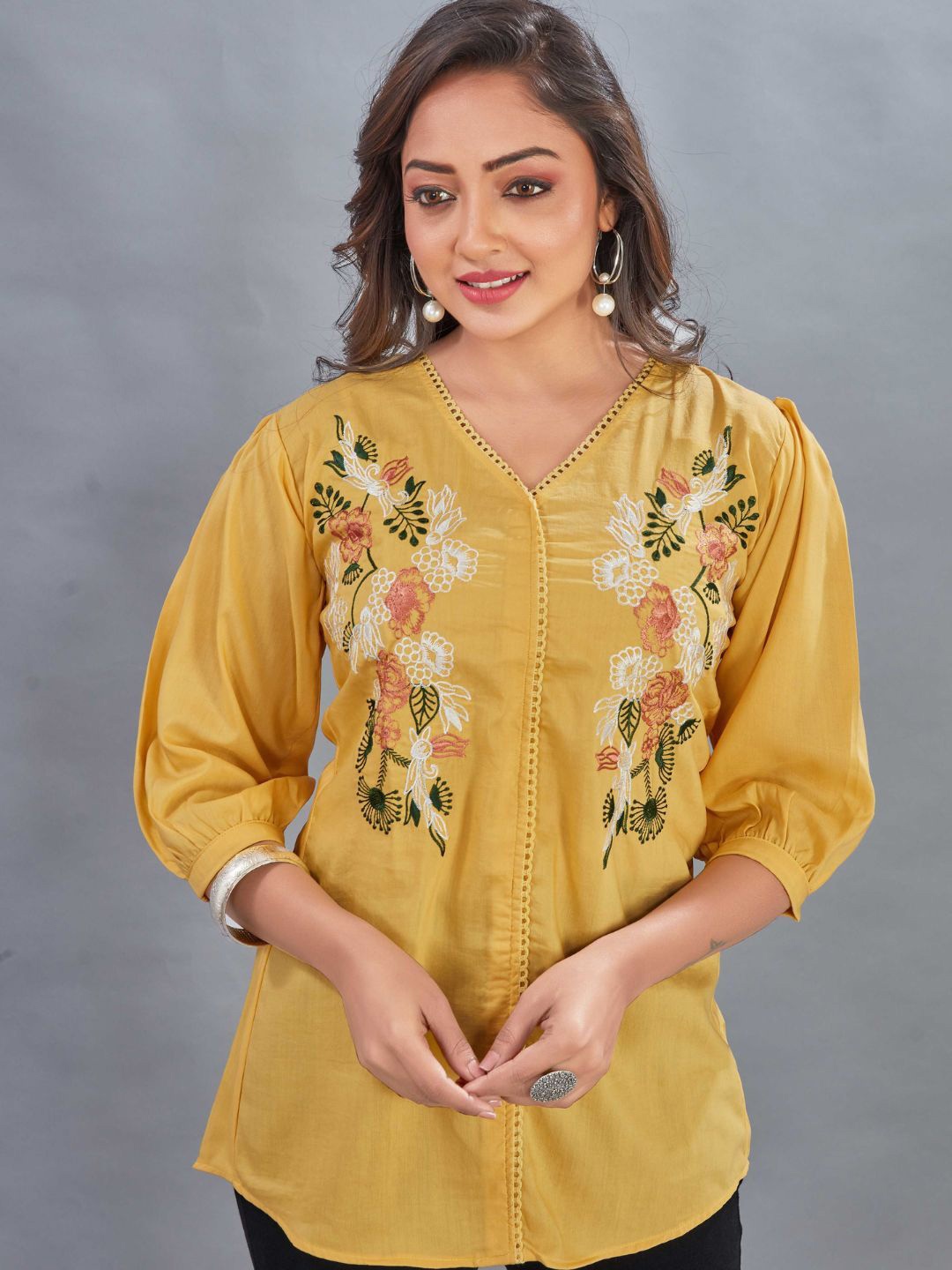 

Puretouch Women Embroidered V-Neck Three-Quarter Sleeves Tunic, Mustard