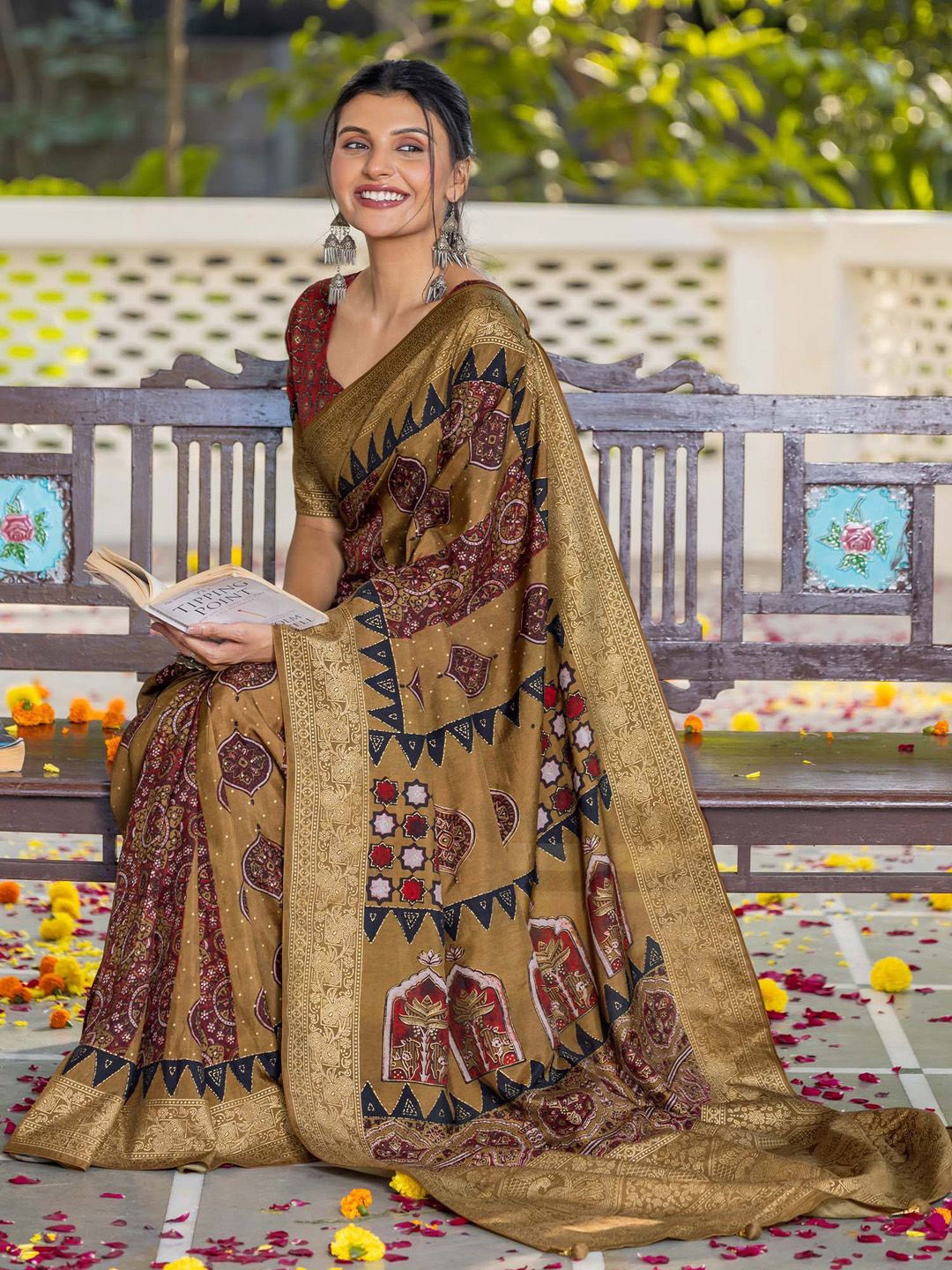 

Saree mall Ethnic Motifs Zari Sungudi Sarees, Mustard