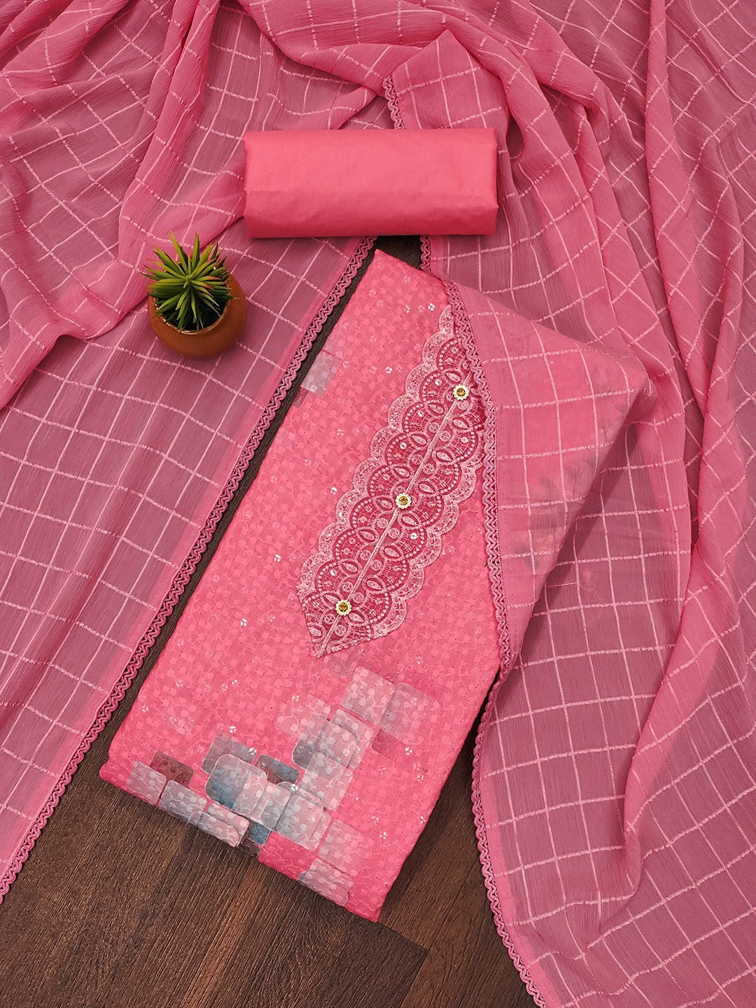 

SAINOOR Floral Embroidered Unstitched Dress Material, Pink