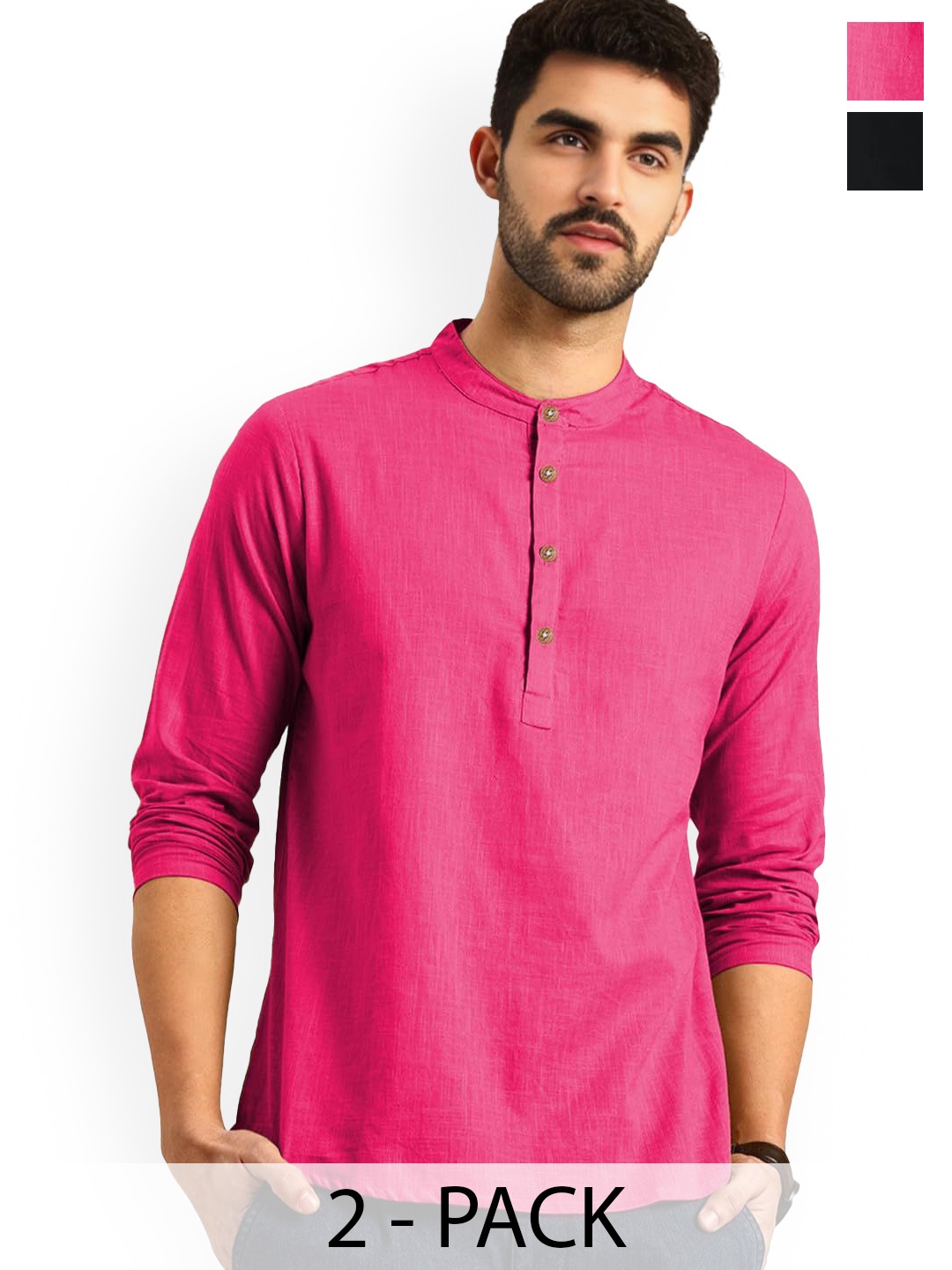 

Vida Loca Selection Of 2 Band Collar Roll-Up Sleeves Cotton Kurtas, Pink