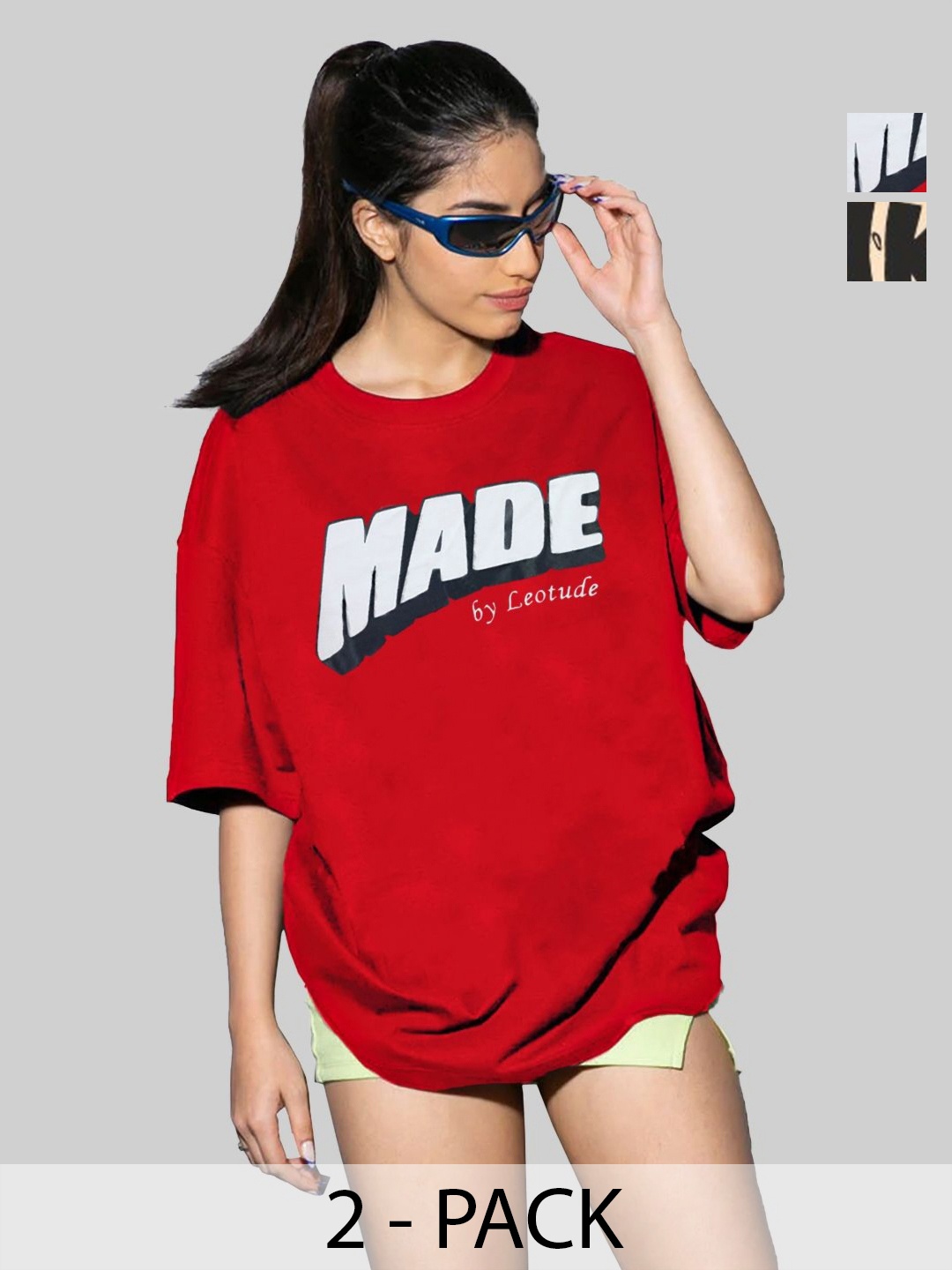 

Leotude Women Pack Of 2 Graphic Printed Round Neck Cotton Oversized T-shirts, Red
