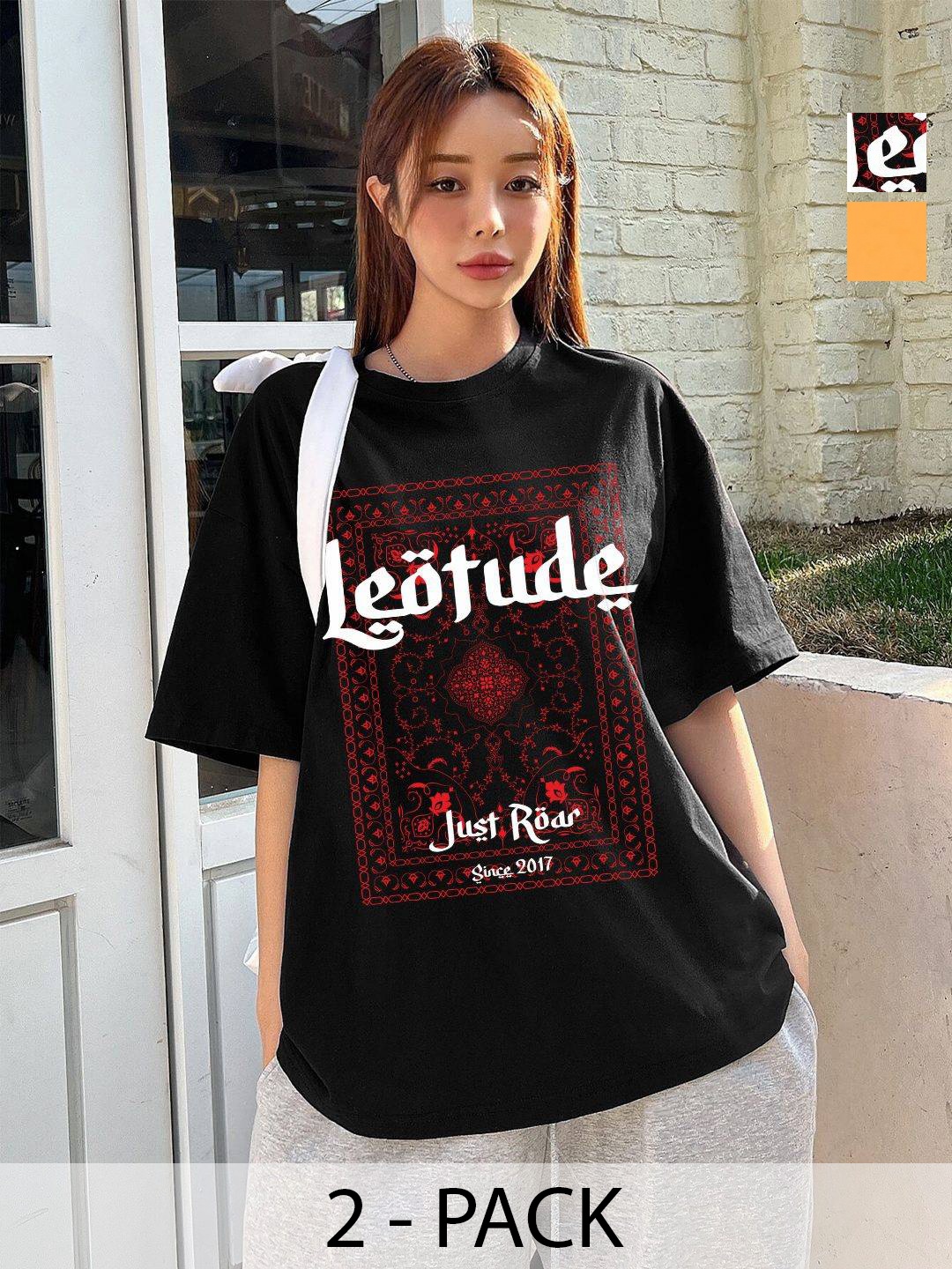 

Leotude Women Pack Of 2 Graphic Printed Round Neck Cotton Oversized T-shirts, Black