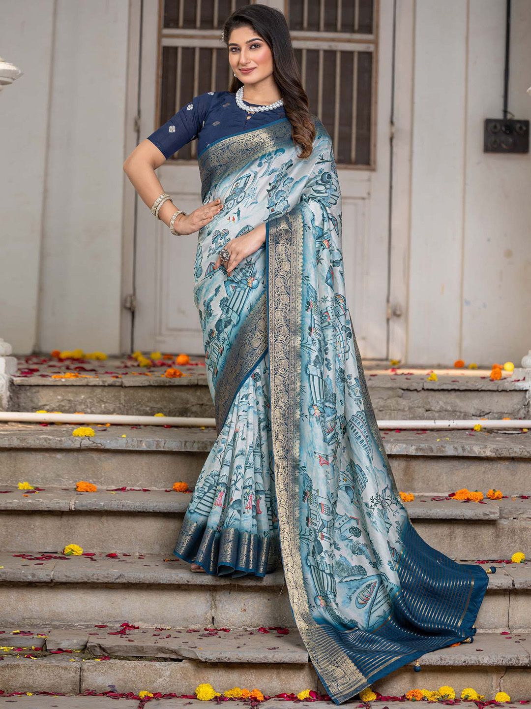 

Anouk Ethnic Motifs Zari Sungudi Saree, Blue