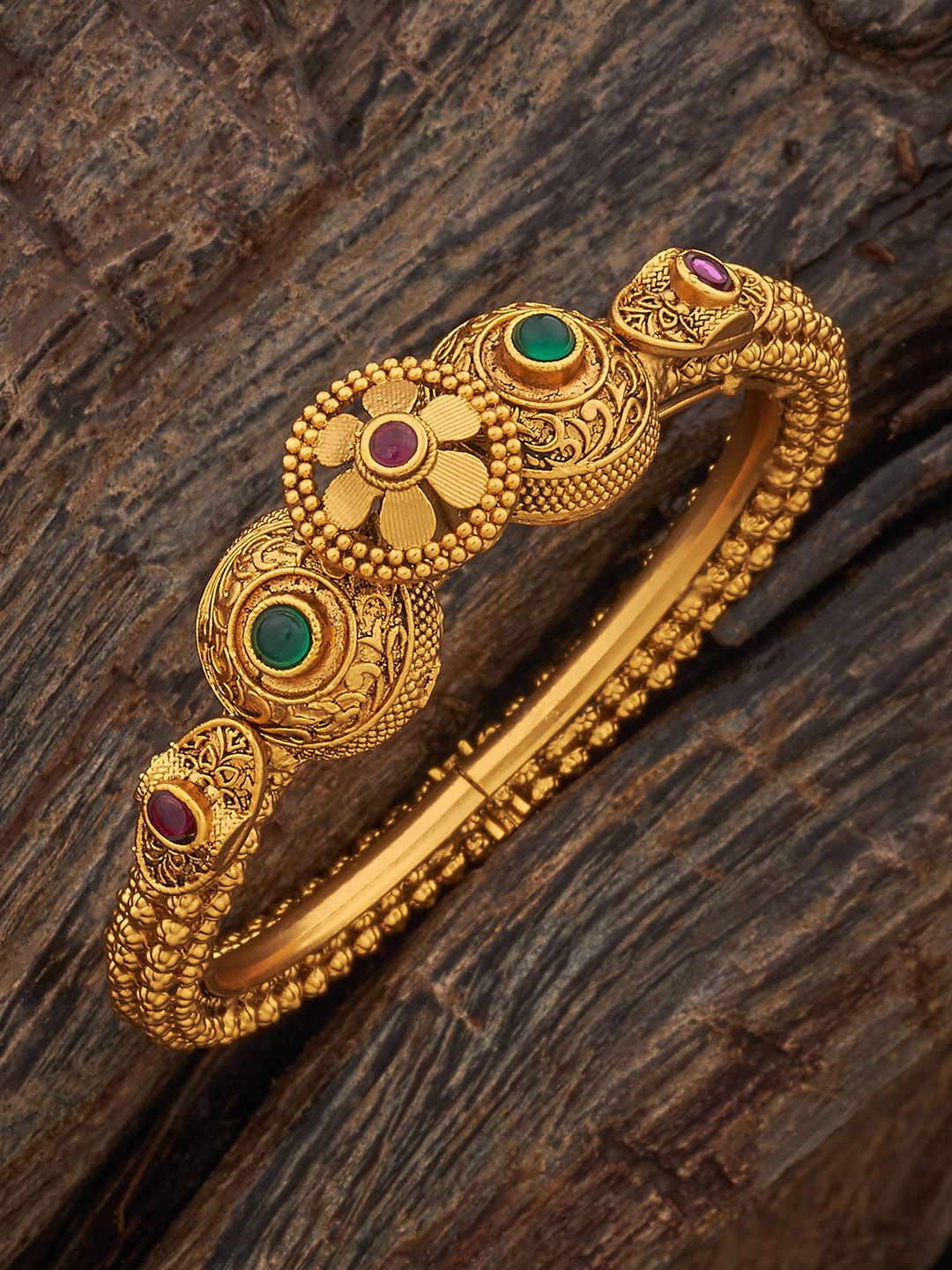 

Kushal's Fashion Jewellery Ruby-Green Gold-Plated Ethnic Antique Kada