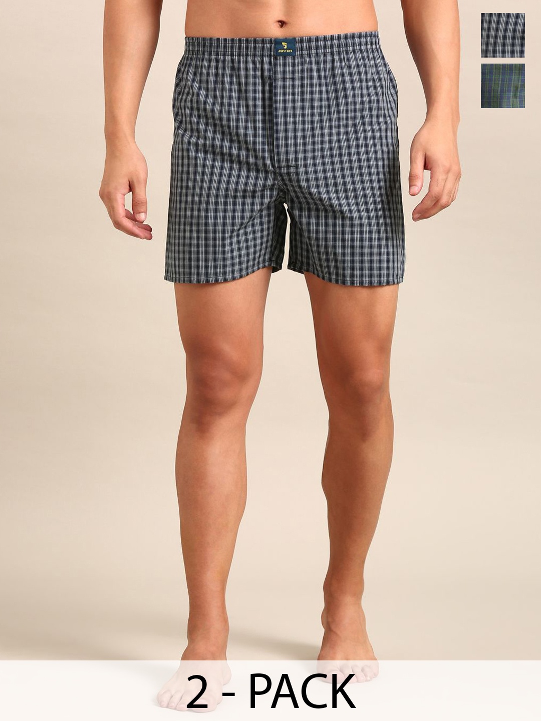 

JOVEN Pack of 2 Checked Pure Cotton Boxers JB2C042, Grey