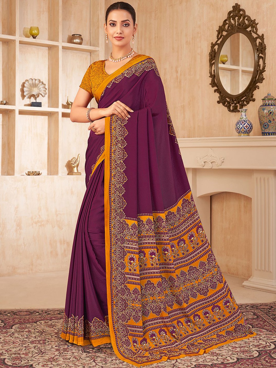

Mitera Floral Silk Blend Designer Jamdani Saree, Purple