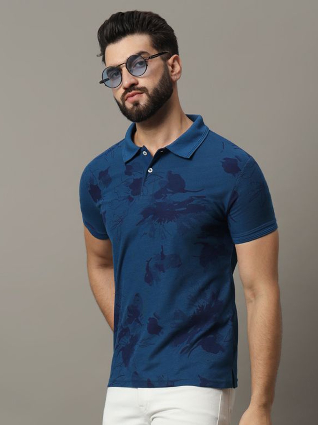 

R.ARHAN PREMIUM Men Floral Printed Polo Collar Cotton T-shirt, Blue