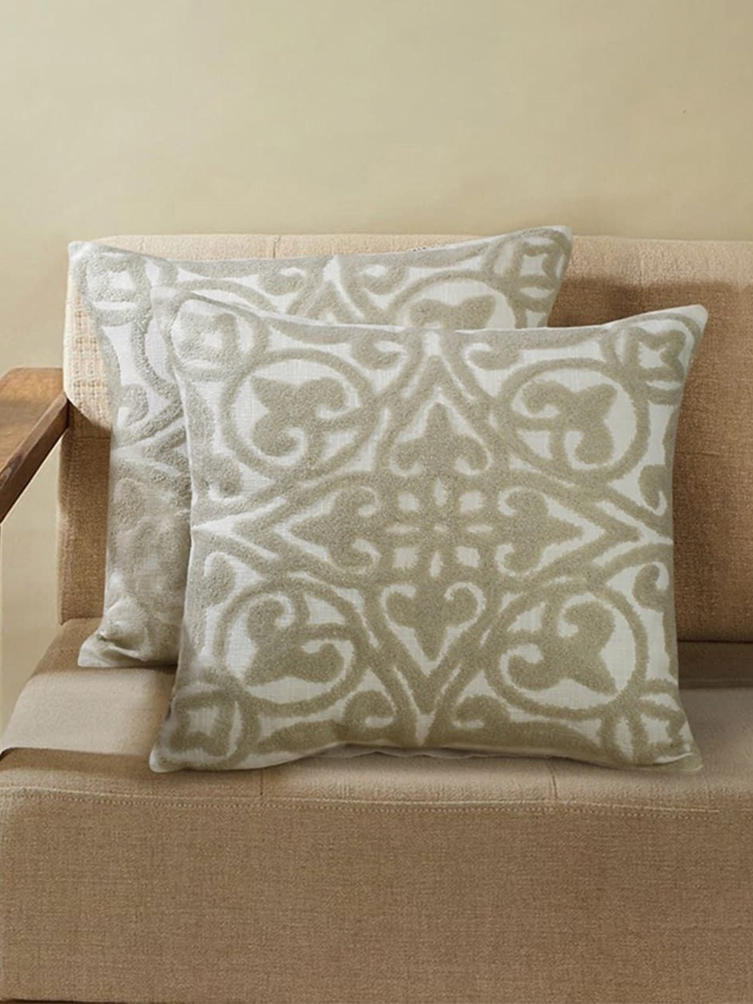 

Aura Off White & Beige 2 Pieces Ethnic Motifs Printed Cotton Square Cushion Covers