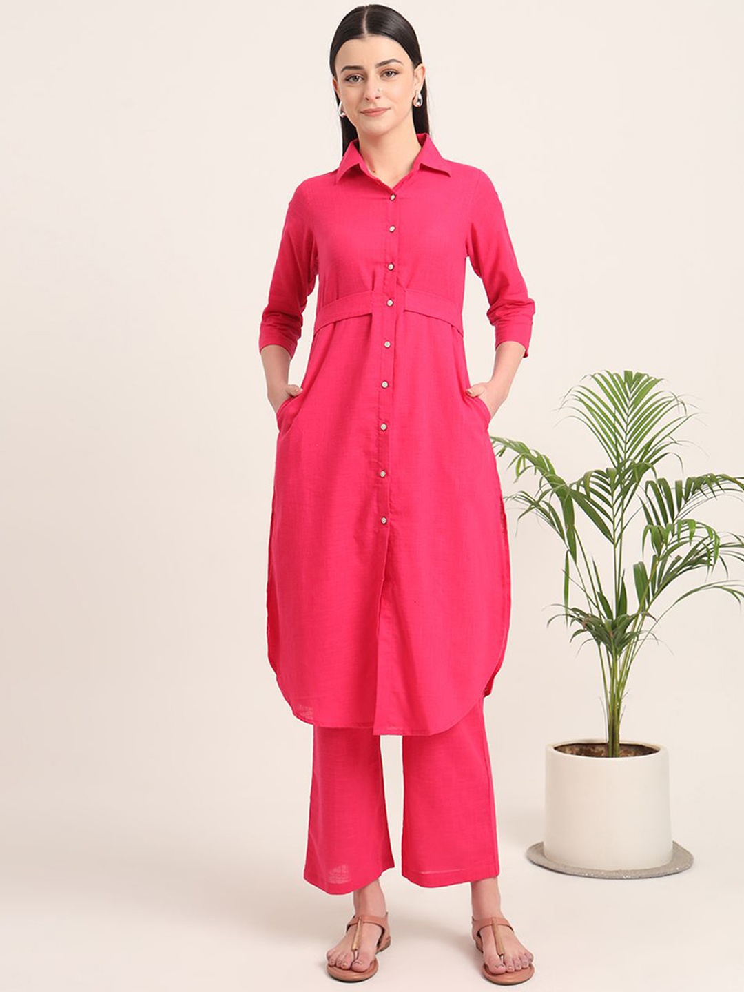 

Thevasa Bellisimo Belted Shirt Collar Cotton Kurta, Pink