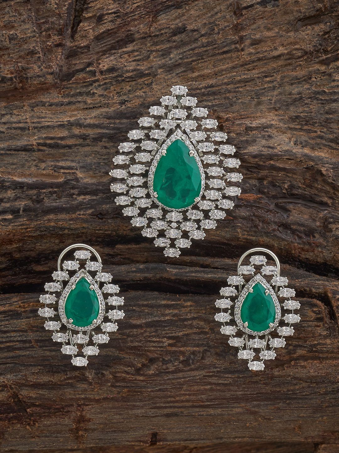 

Kushal's Fashion Jewellery Green Rhodium-Plated Party Zircon Pendant Set, Silver