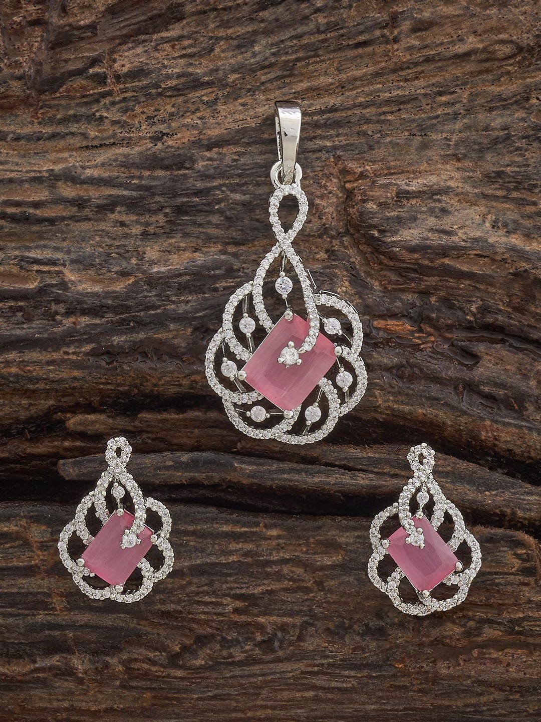 

Kushal's Fashion Jewellery Pink Rhodium-Plated Party Zircon Pendant Set, Silver