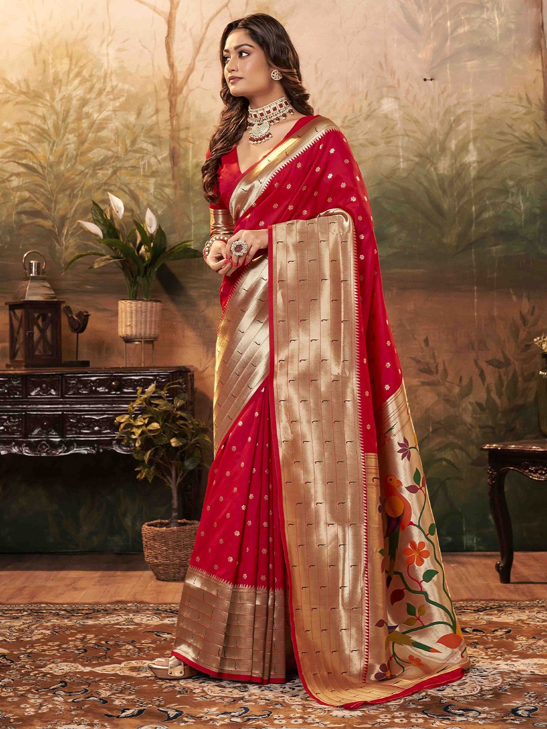 

Mitera Woven Design Zari Paithani Saree, Red