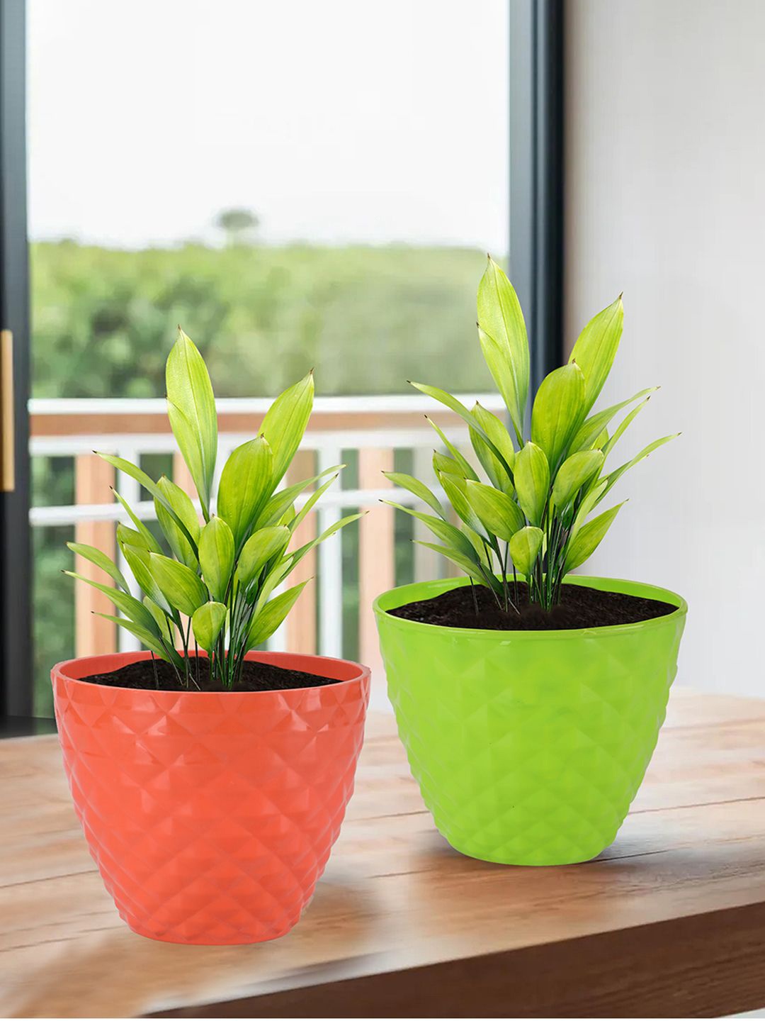 

Kuber Industries Green & Orange Colored 2 Pieces Textured Planters