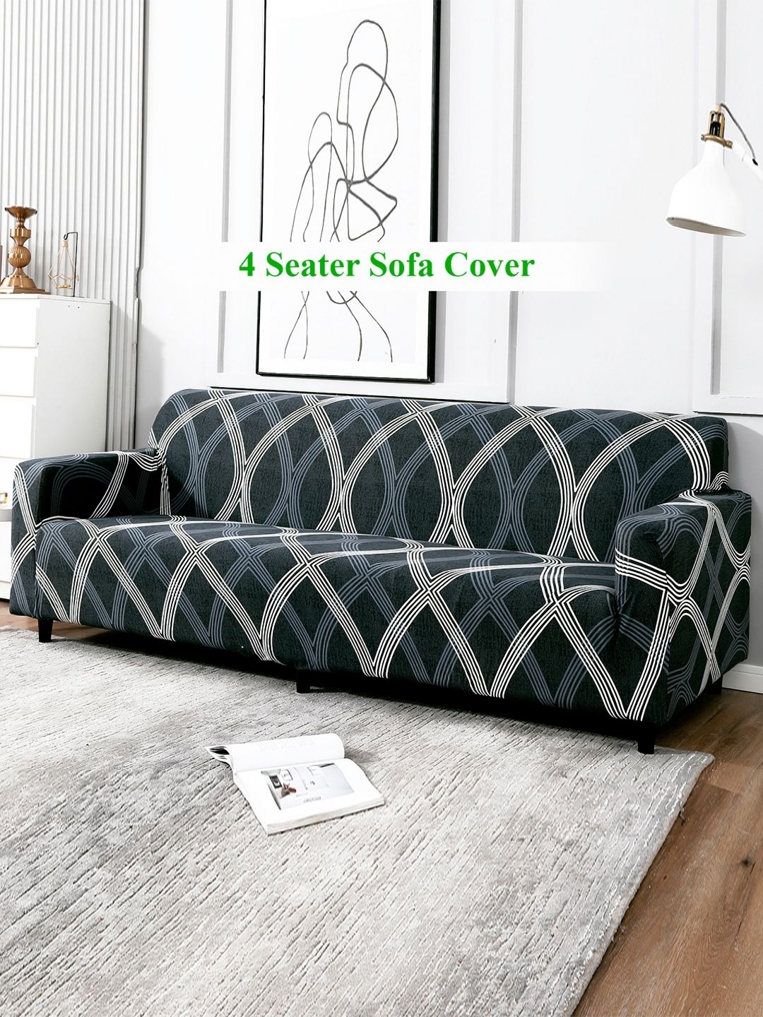 

HOKIPO Grey & White Printed 4 Seater Stretchable Elastic Couch Sofa Cover With Arms