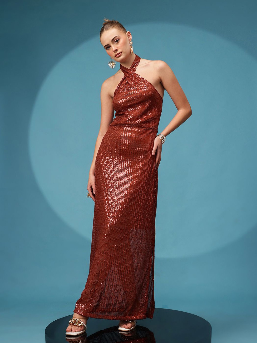 

BAESD Embellished Halter Neck Net Maxi Dress, Rust