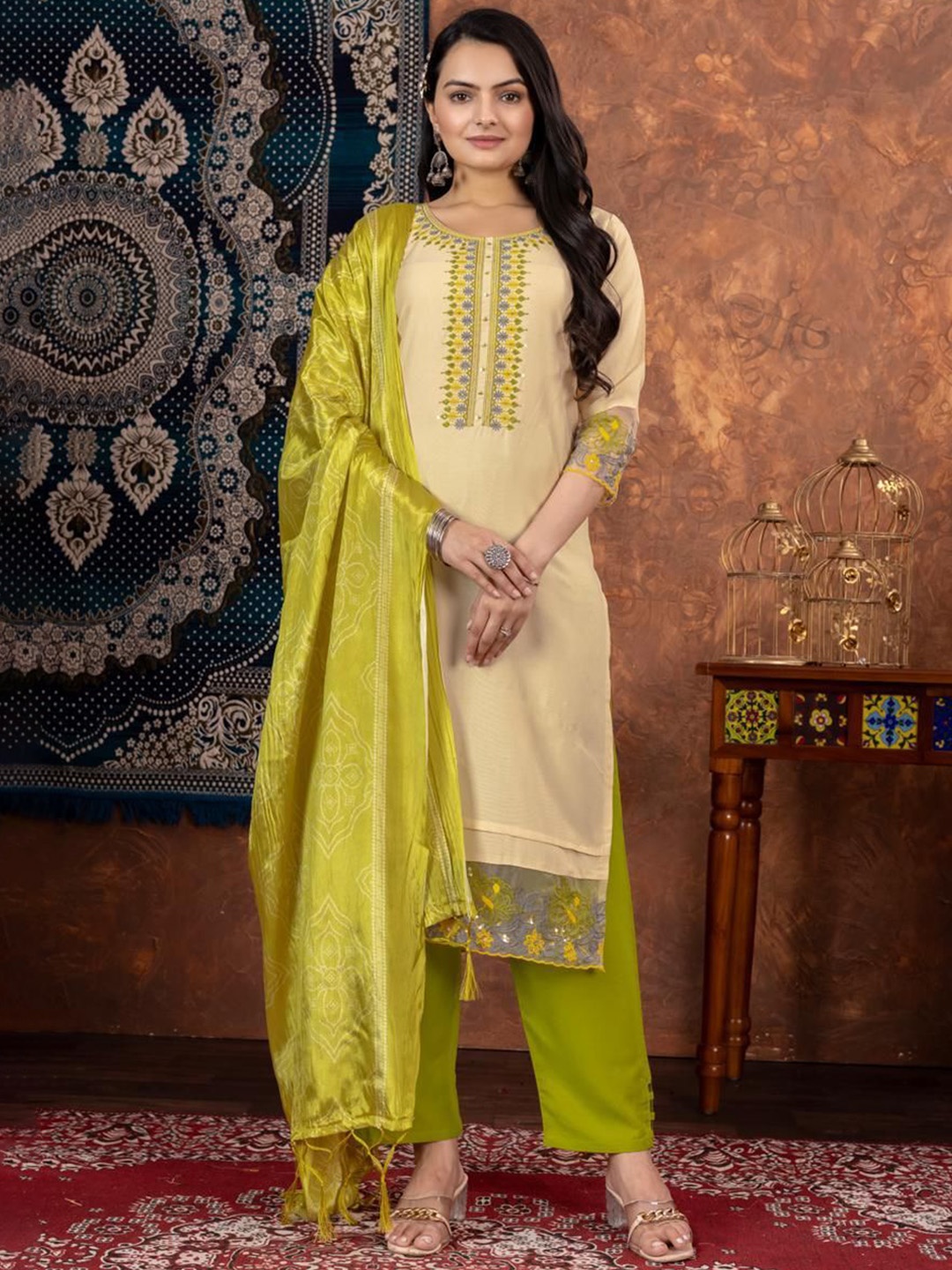 

FVD Floral Embroidered Round Neck Straight Kurta With Trousers & Dupatta, Yellow