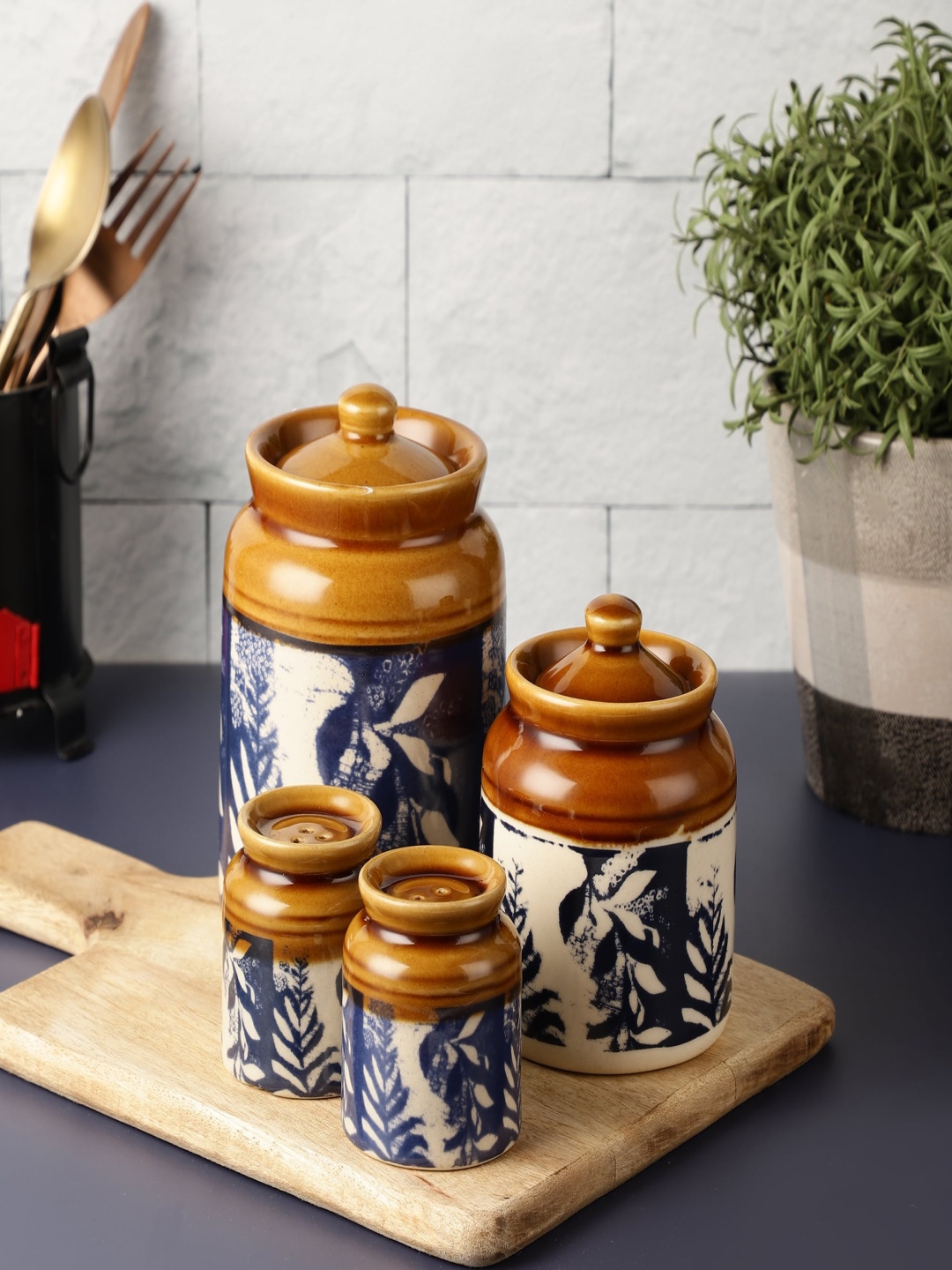 

EK DO DHAI Brown 4 Pieces Floral Printed Dishwasher and Microwave Safe Canister Container, White