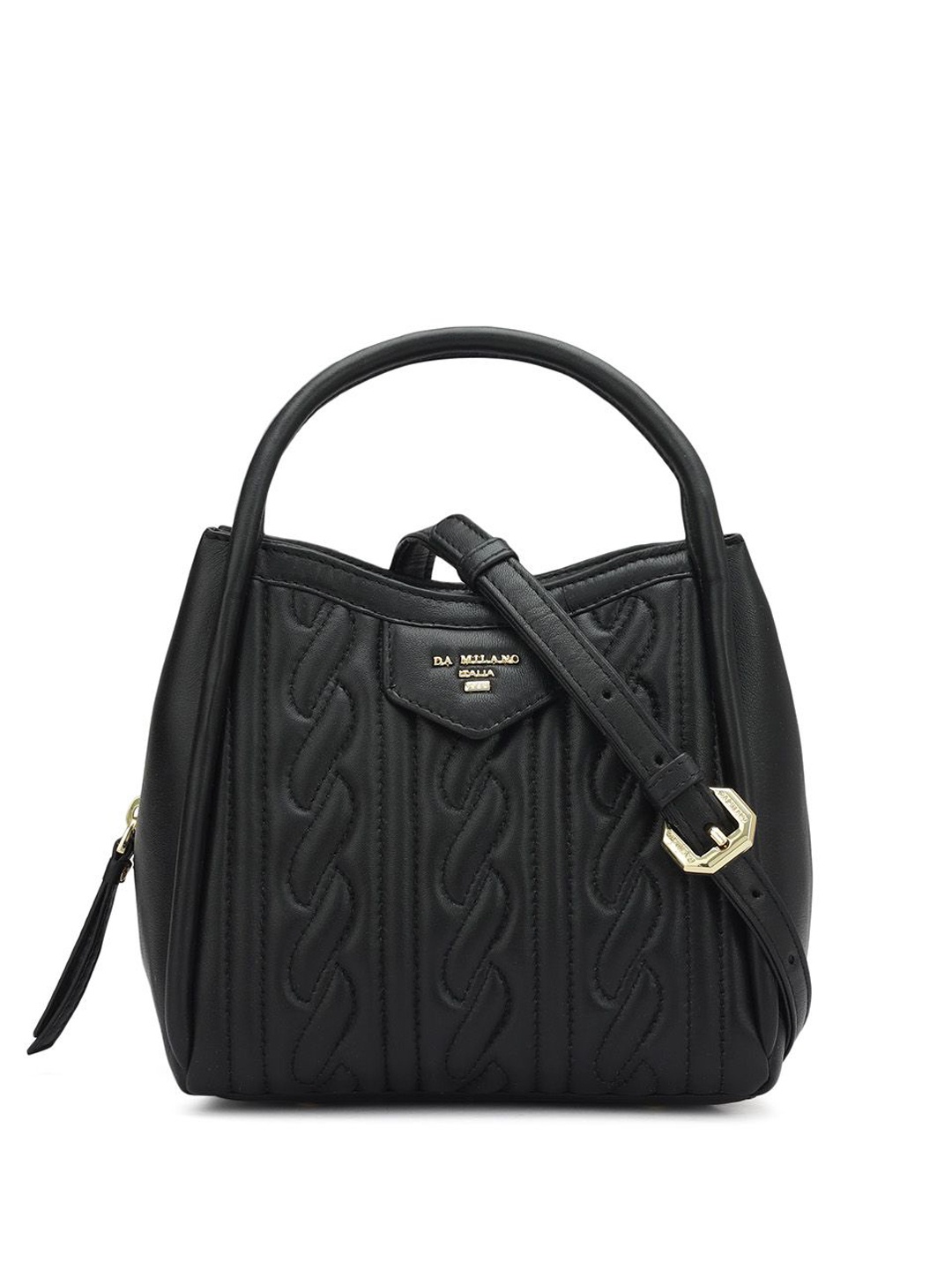 

Da Milano Textured Leather Half Moon Satchel with Quilted, Black