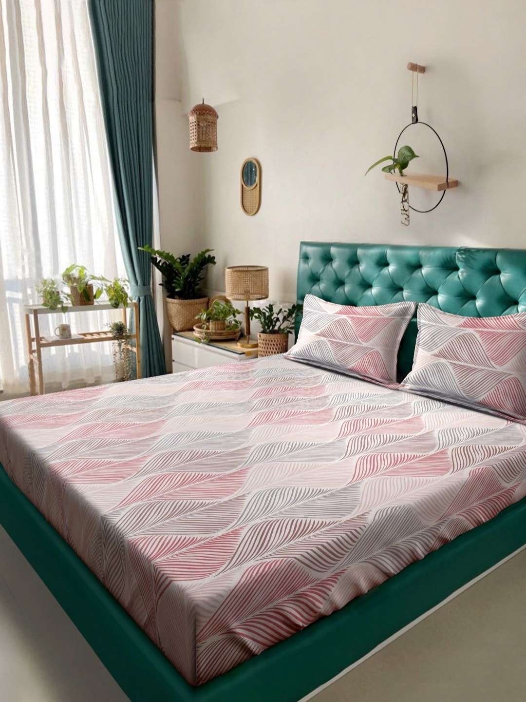 

KLOTTHE Pink & Green Abstract Printed Flat 300 TC King Bedsheet With 2 Pillow Cover