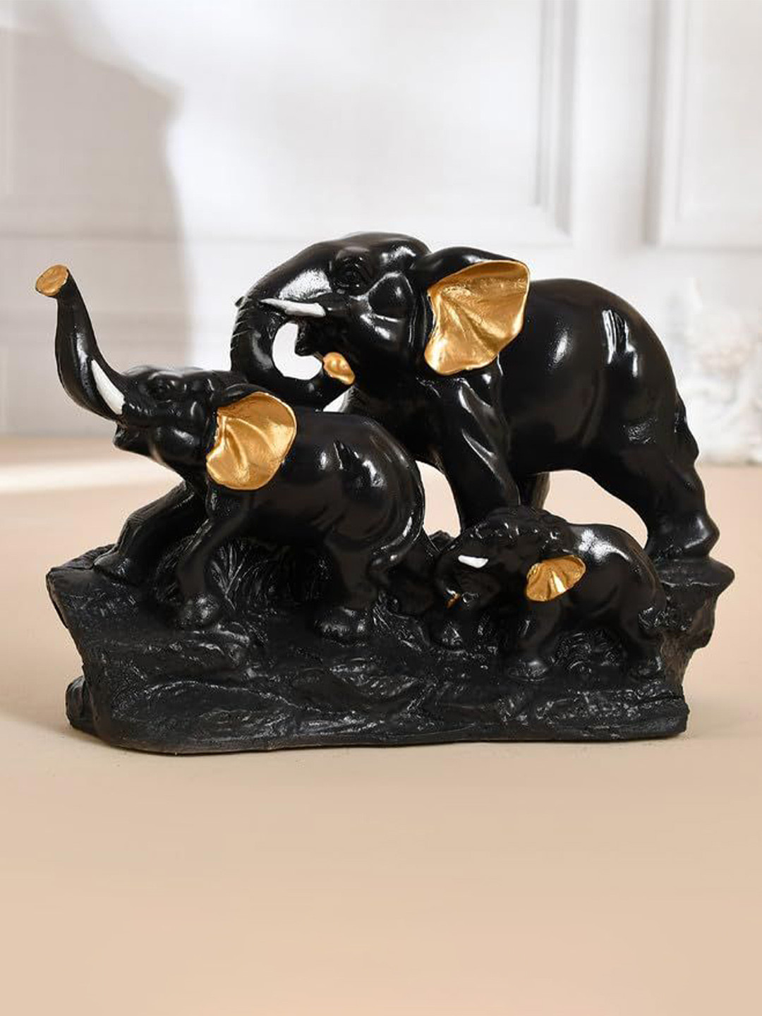 

CRAFTAM Black Birds and Animals Trunk Up Elephant Statue with Baby Figurine Showpiece