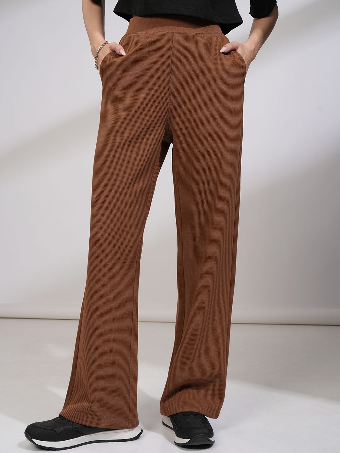 

Tokyo Talkies Women Solid Extra Stretch Waffle Straight Pants, Brown