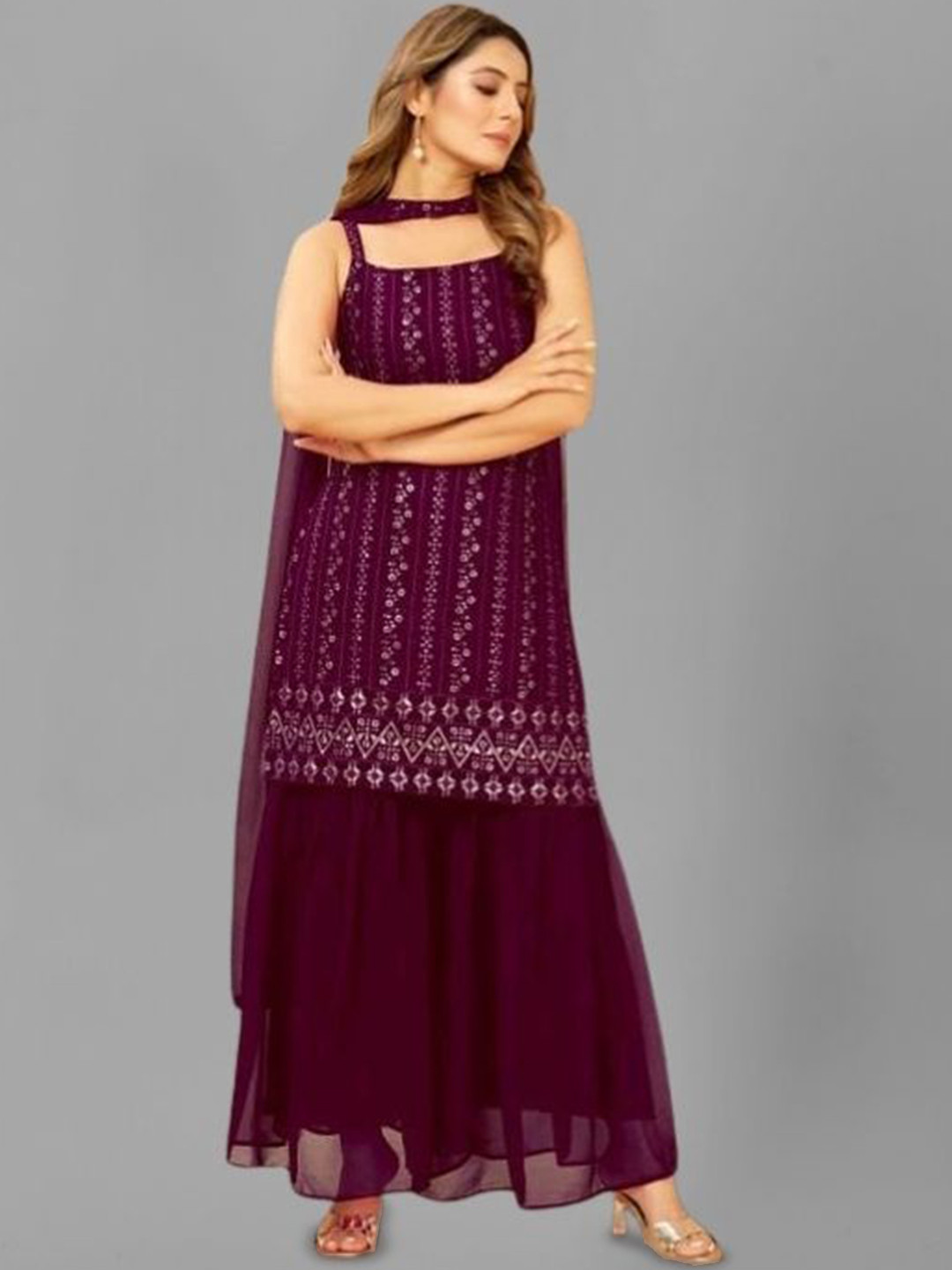 

PARROT CREATION Floral Embroidered Sequinned Georgette Kurti With Sharara And Dupatta, Purple