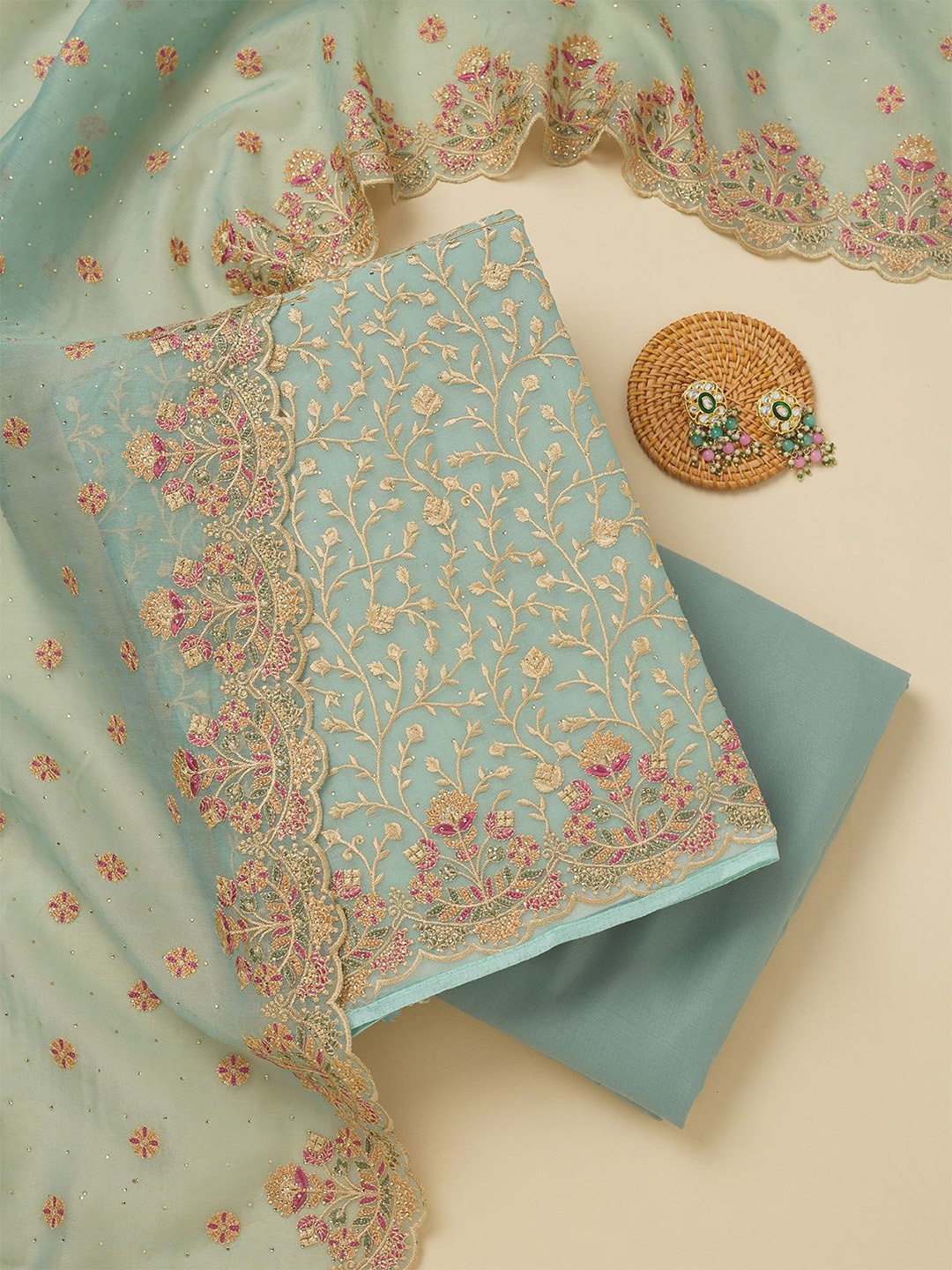 

Koskii Floral Embroidered Organza Unstitched Dress Material, Blue