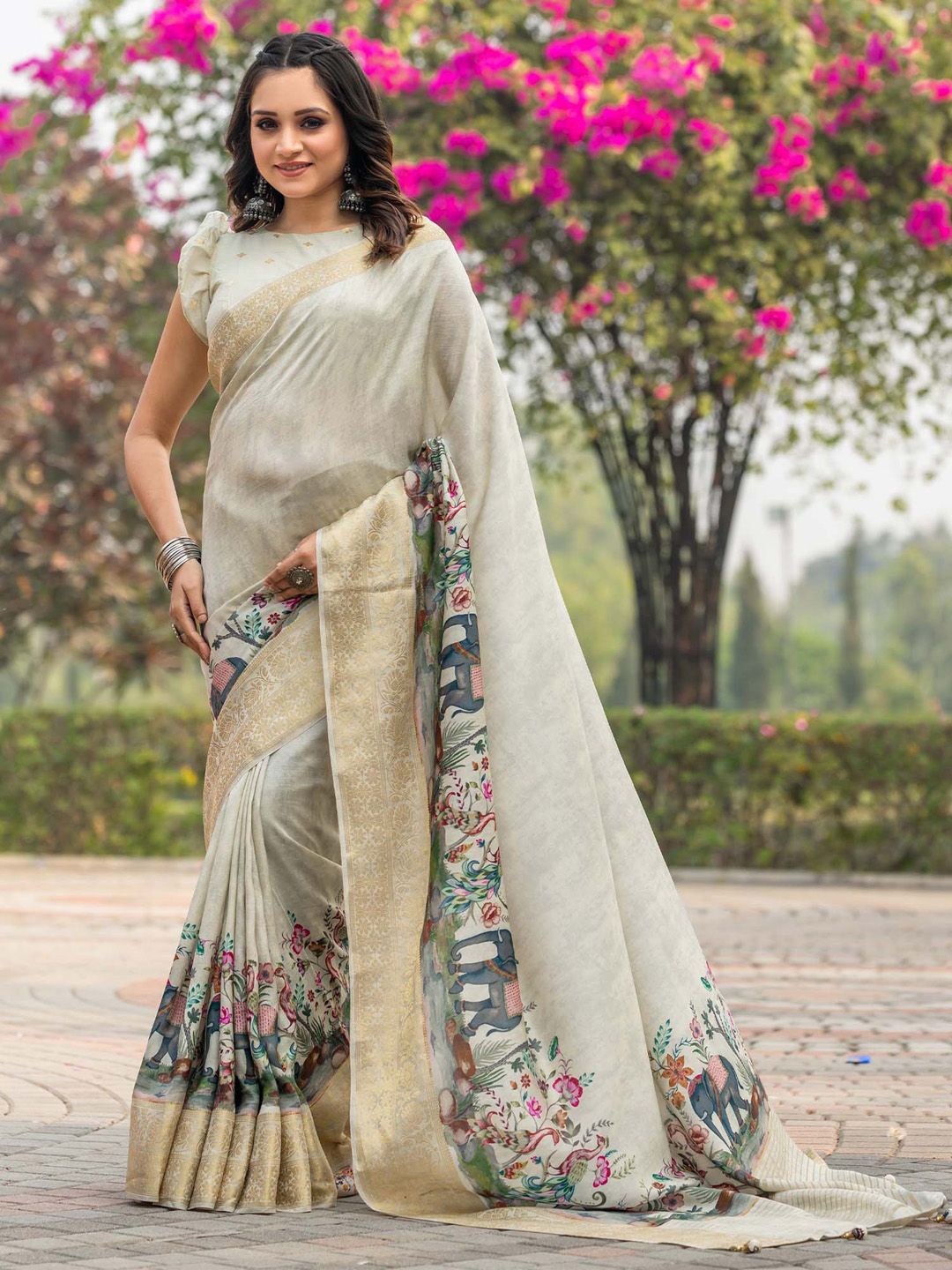 

Anouk Kalamkari Zari Sungudi Saree, Beige