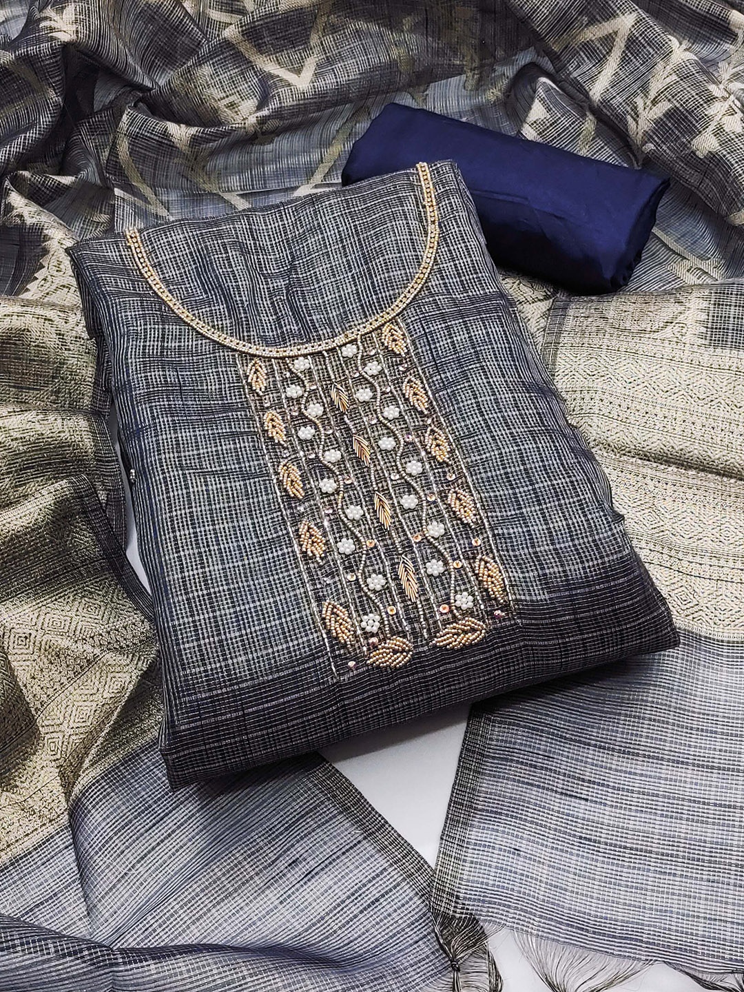 

SAINOOR Woven Design Beads and Stones Organza Unstitched Dress Material, Grey