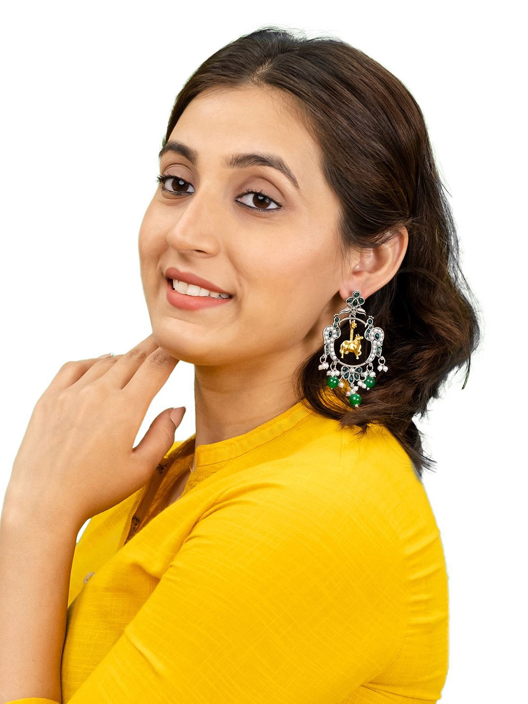 

Shining Jewel - By Shivansh Silver-Plated Cow & Peacock Drop Earrings, Green