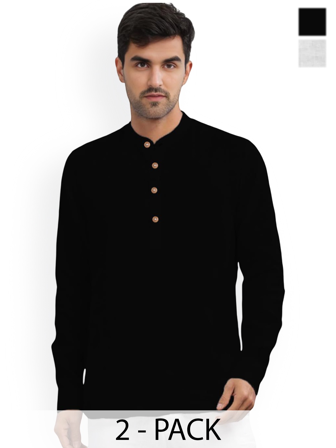 

Vida Loca Selection Of 2 Band Collar Pure Cotton Straight Short Kurtas, Black