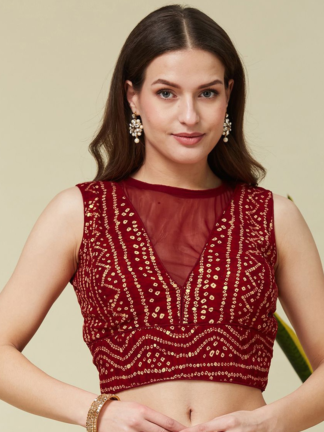 

KALINI Printed Cotton Round Neck Padded Saree Blouse, Maroon