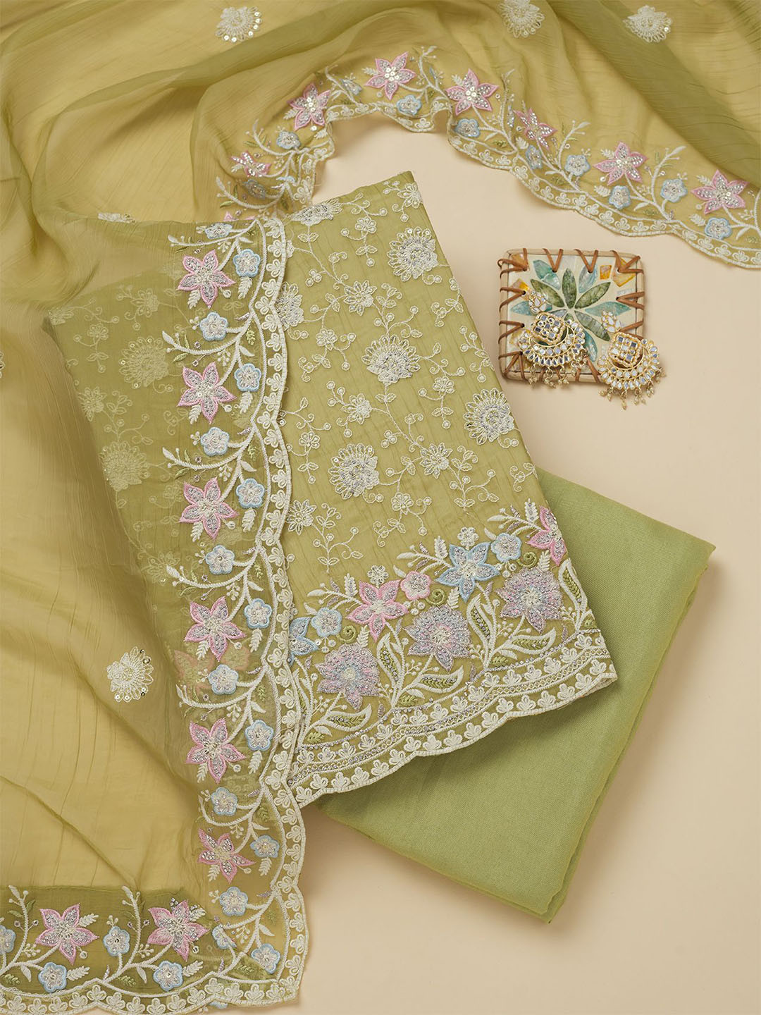 

Koskii Floral Embroidered Beads and Stones Unstitched Dress Material, Green