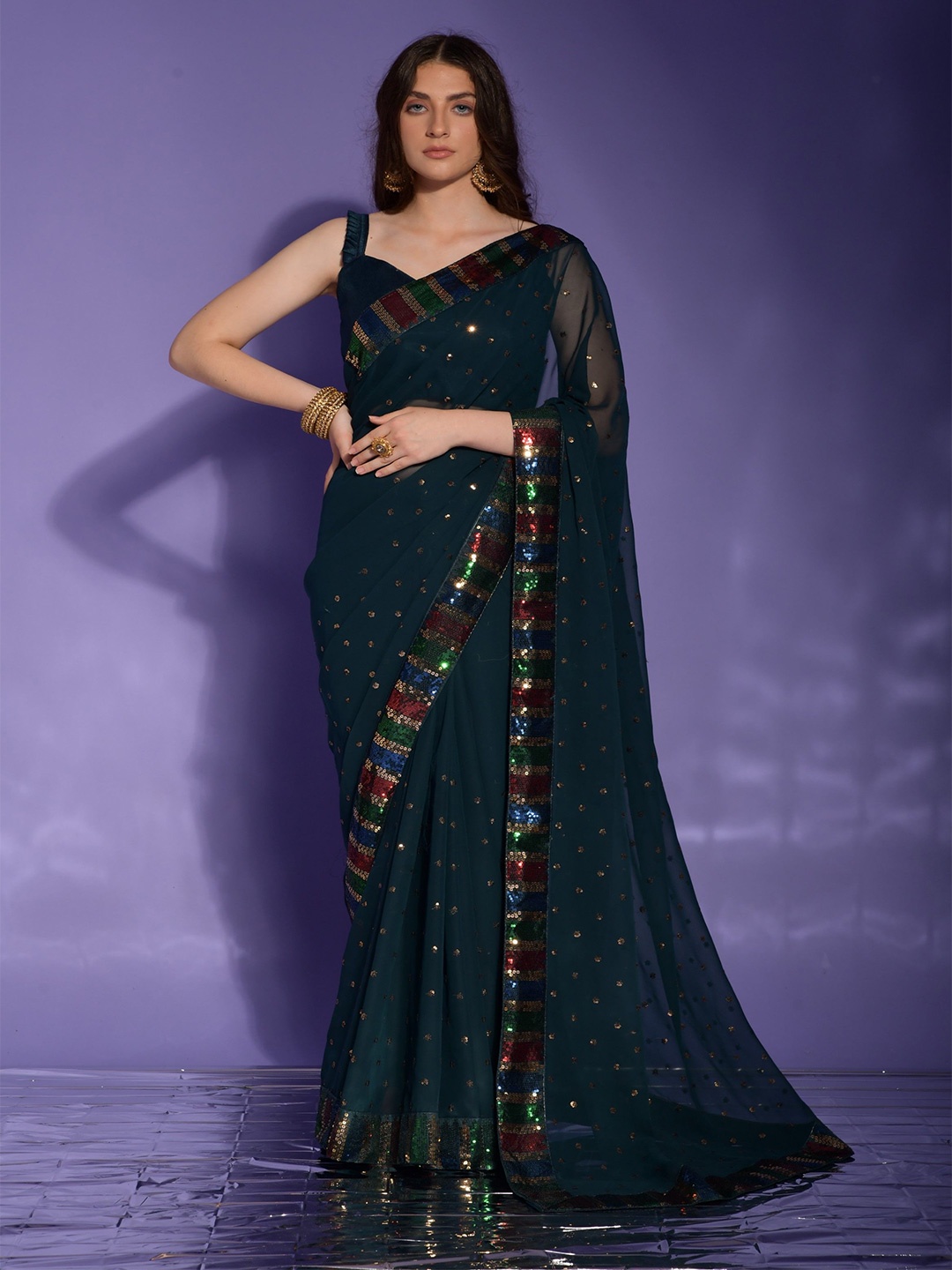 

DIVASTRI Embellished Sequinned Poly Georgette Saree, Blue