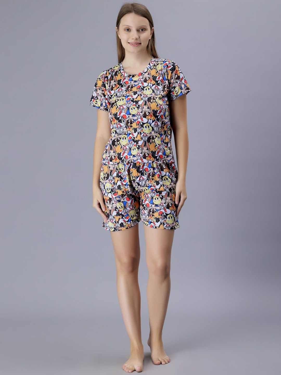 

XPIOX Printed T-Shirt & Shorts Night Suits, Black