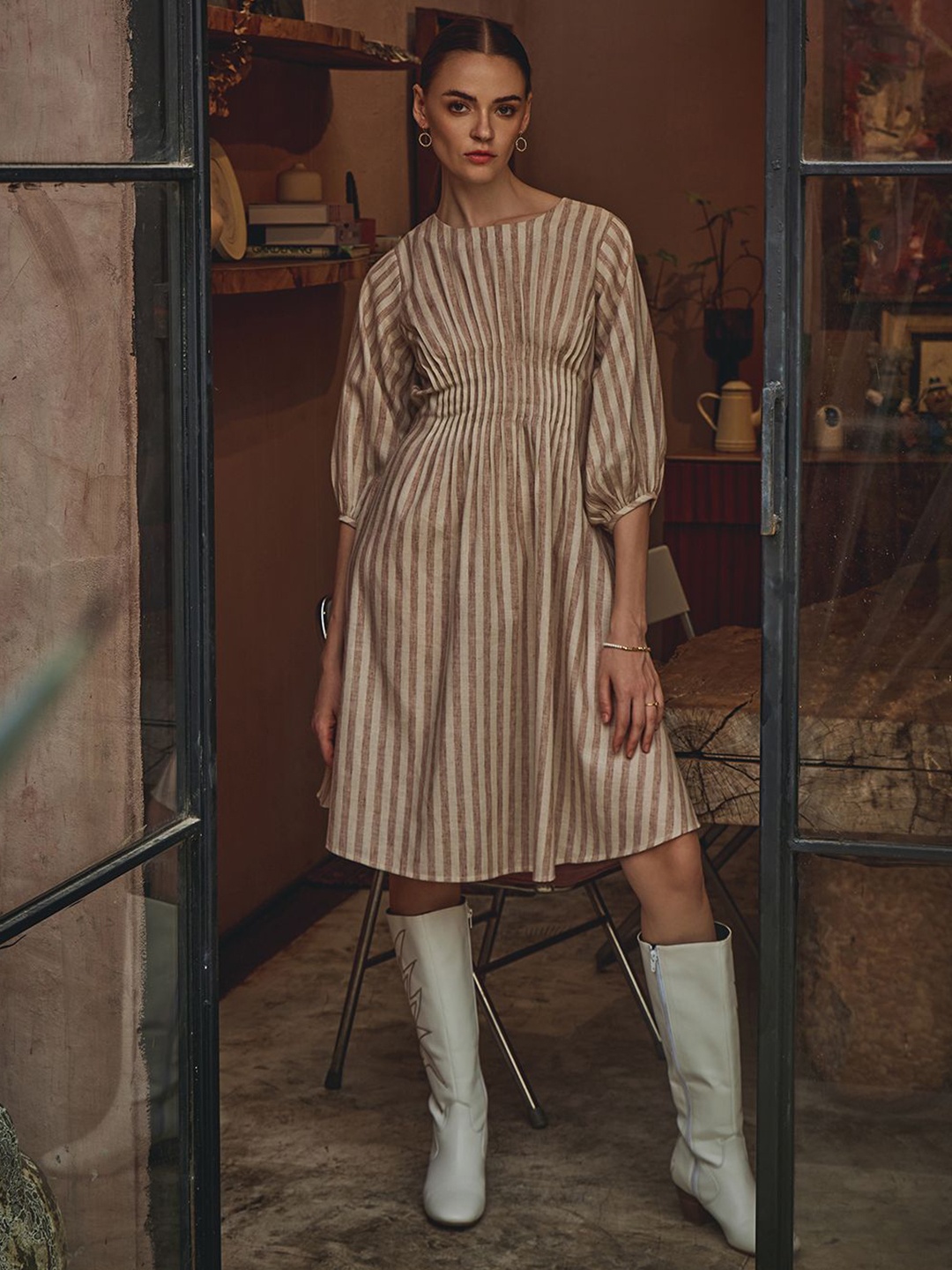 

HOUSE OF FETT Checked Fit & Flare Dress, Beige