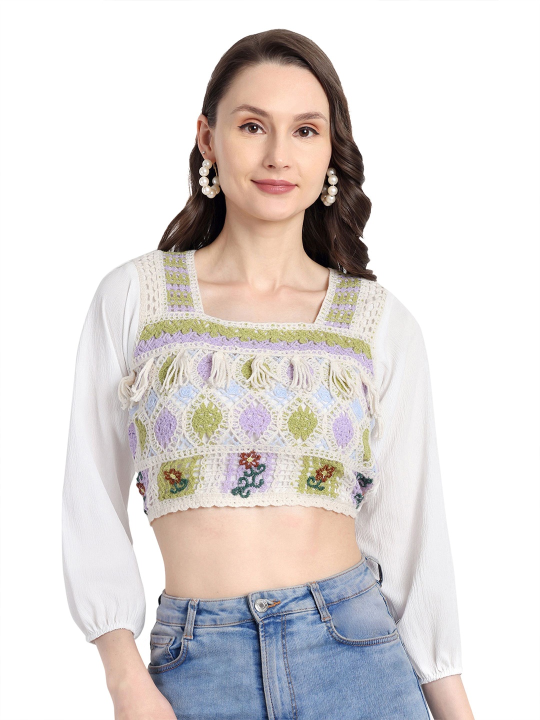 

HAUTEMODA Women Square Neck Embroidered Crochet Crop Top, Cream