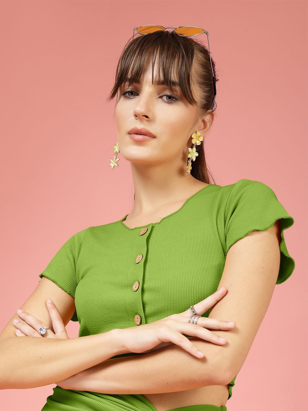 

DressBerry Women Ribbed Fitted Crop Top, Green