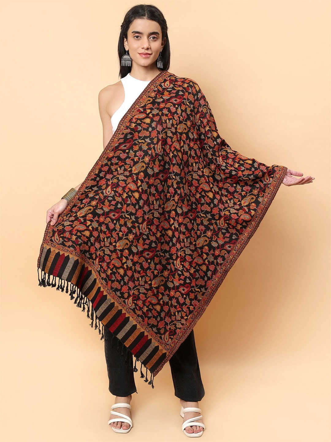 

Moda Chales Women Floral Woven Design Tasselled Stole, Black