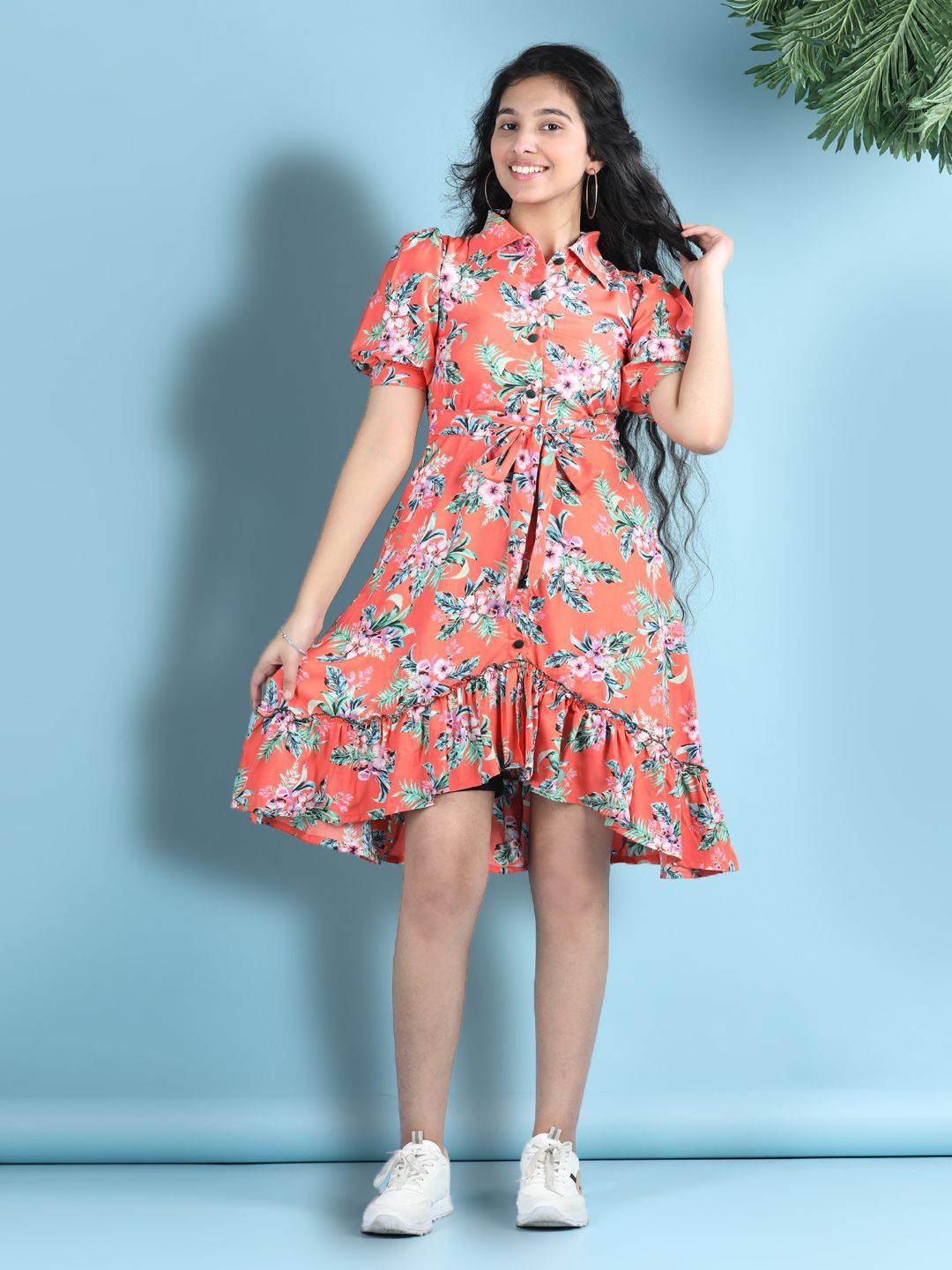 

Cutiekins Girls Floral Printed Puff Sleeve Fit & Flare Dress With Tie-Ups, Orange